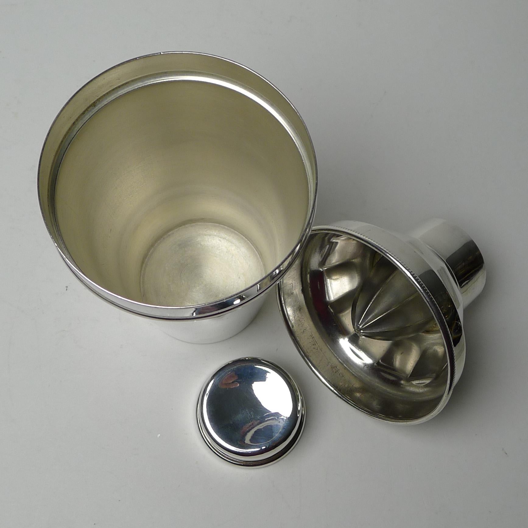 Silver Plate English Art Deco Cocktail Shaker with Integral Lemon Squeezer, circa 1940 For Sale