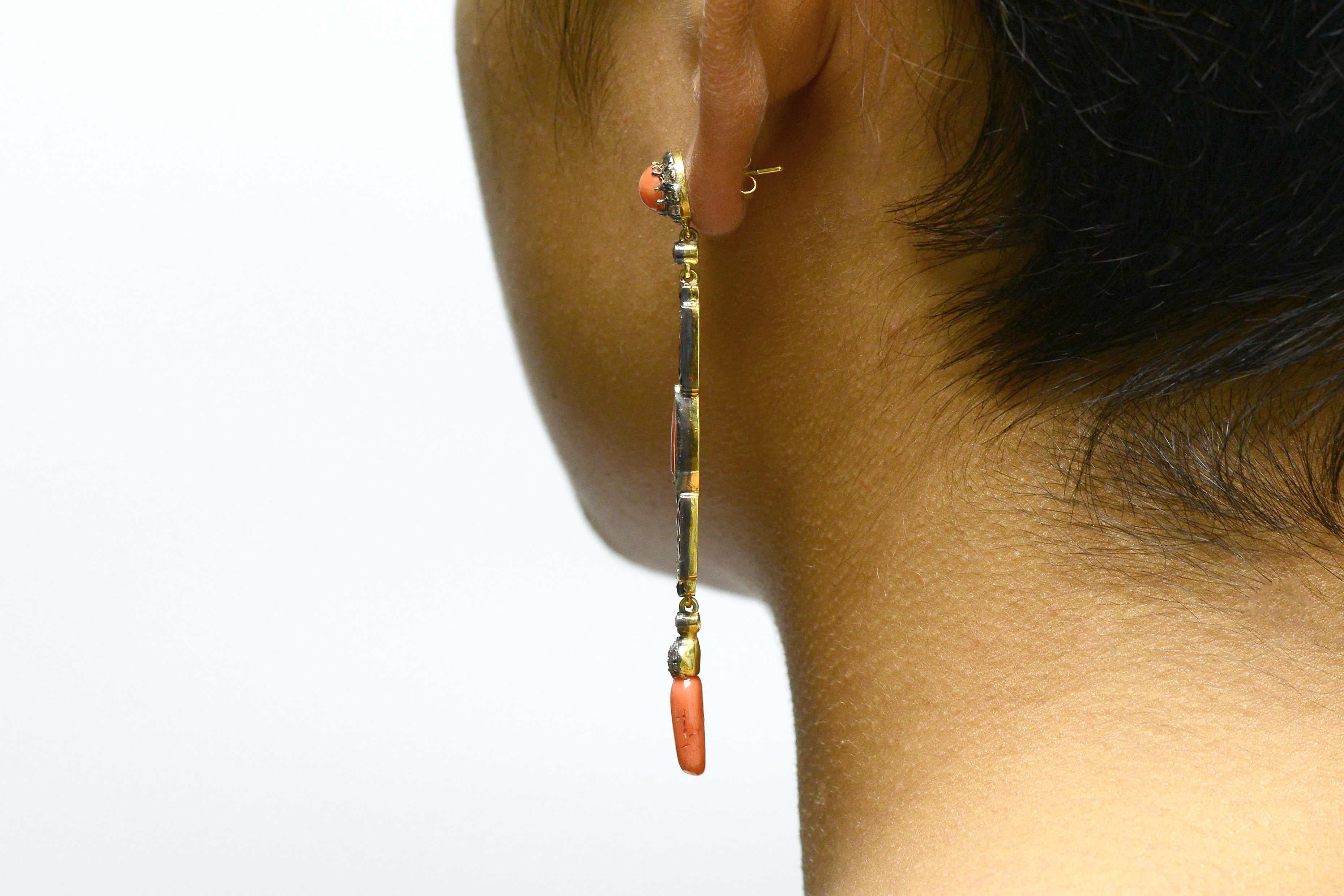 Round Cut English Art Deco Coral Dangle Earrings Black Onyx Ruby Diamond Drops