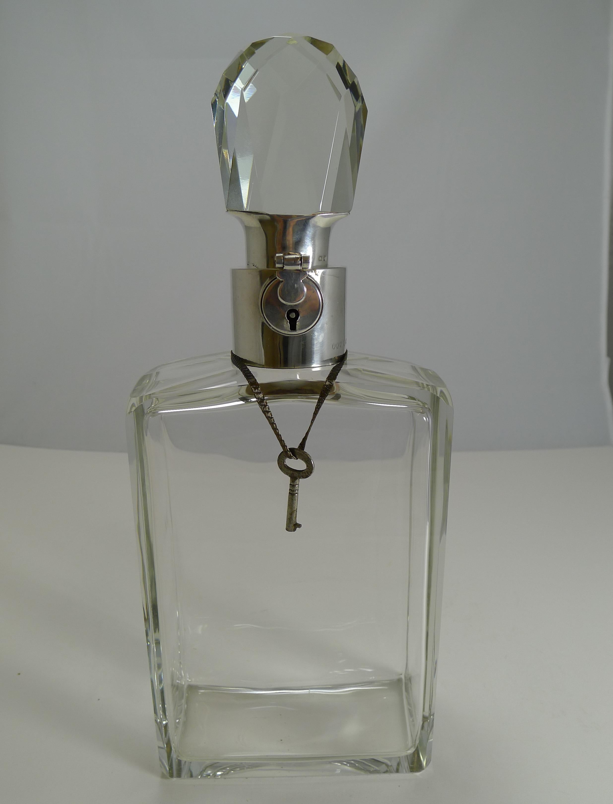 English Art Deco Crystal and Sterling Silver Locking Decanter by Hukin and Heath For Sale 1