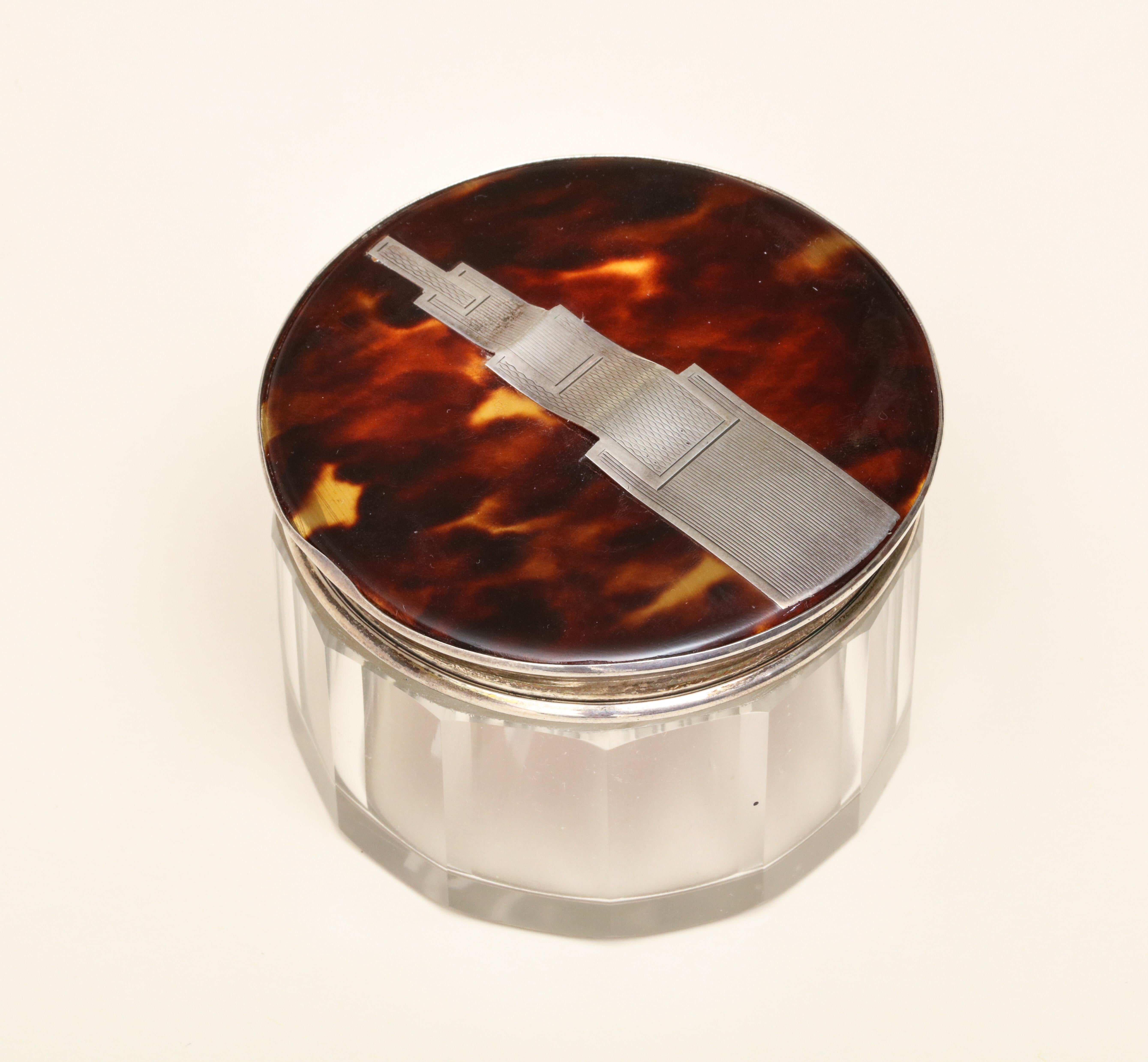 English Art Deco Crystal Jar with Faux Tortoiseshell and Sterling Silver Top In Good Condition For Sale In New York, NY