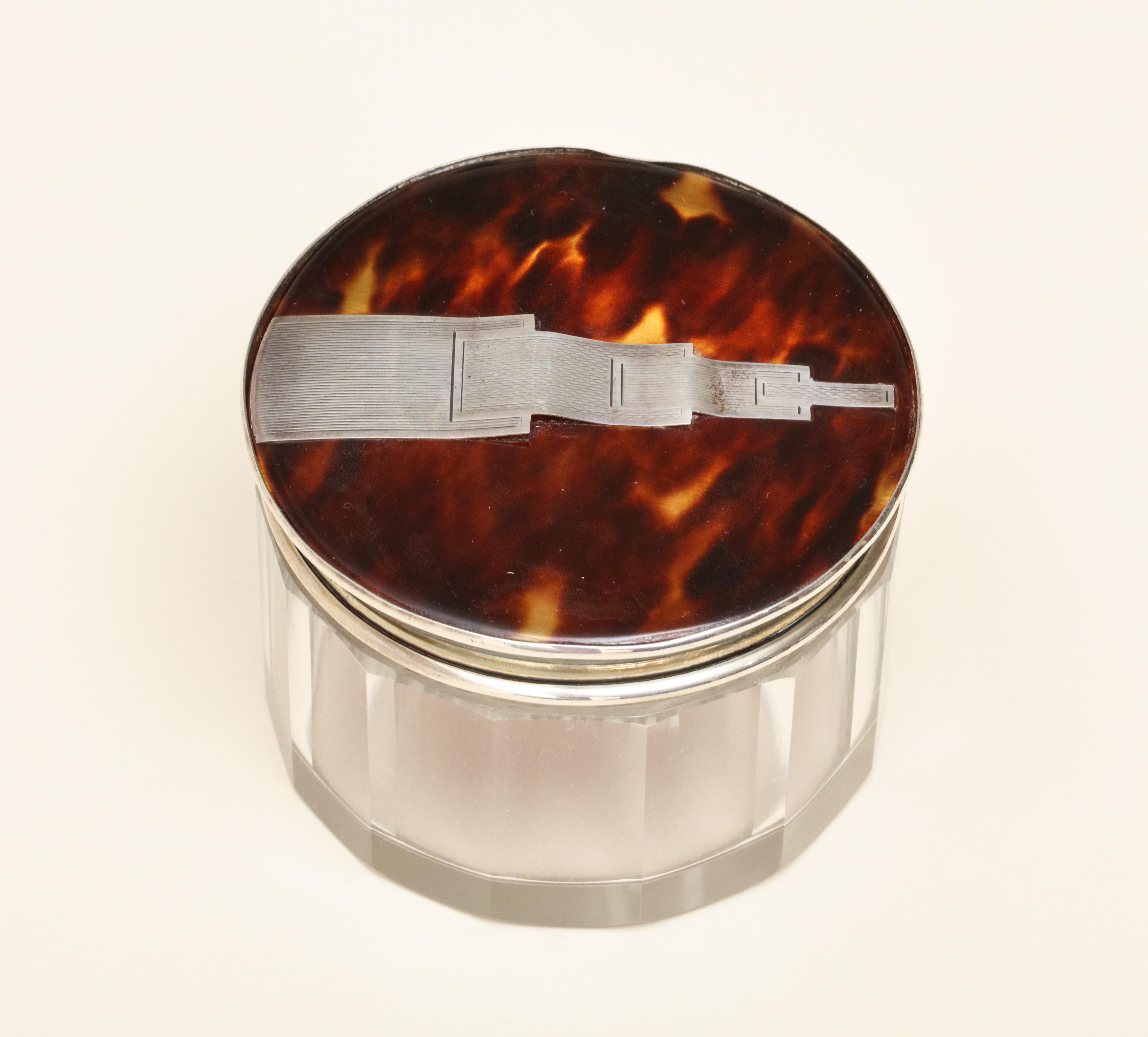 20th Century English Art Deco Crystal Jar with Faux Tortoiseshell and Sterling Silver Top For Sale