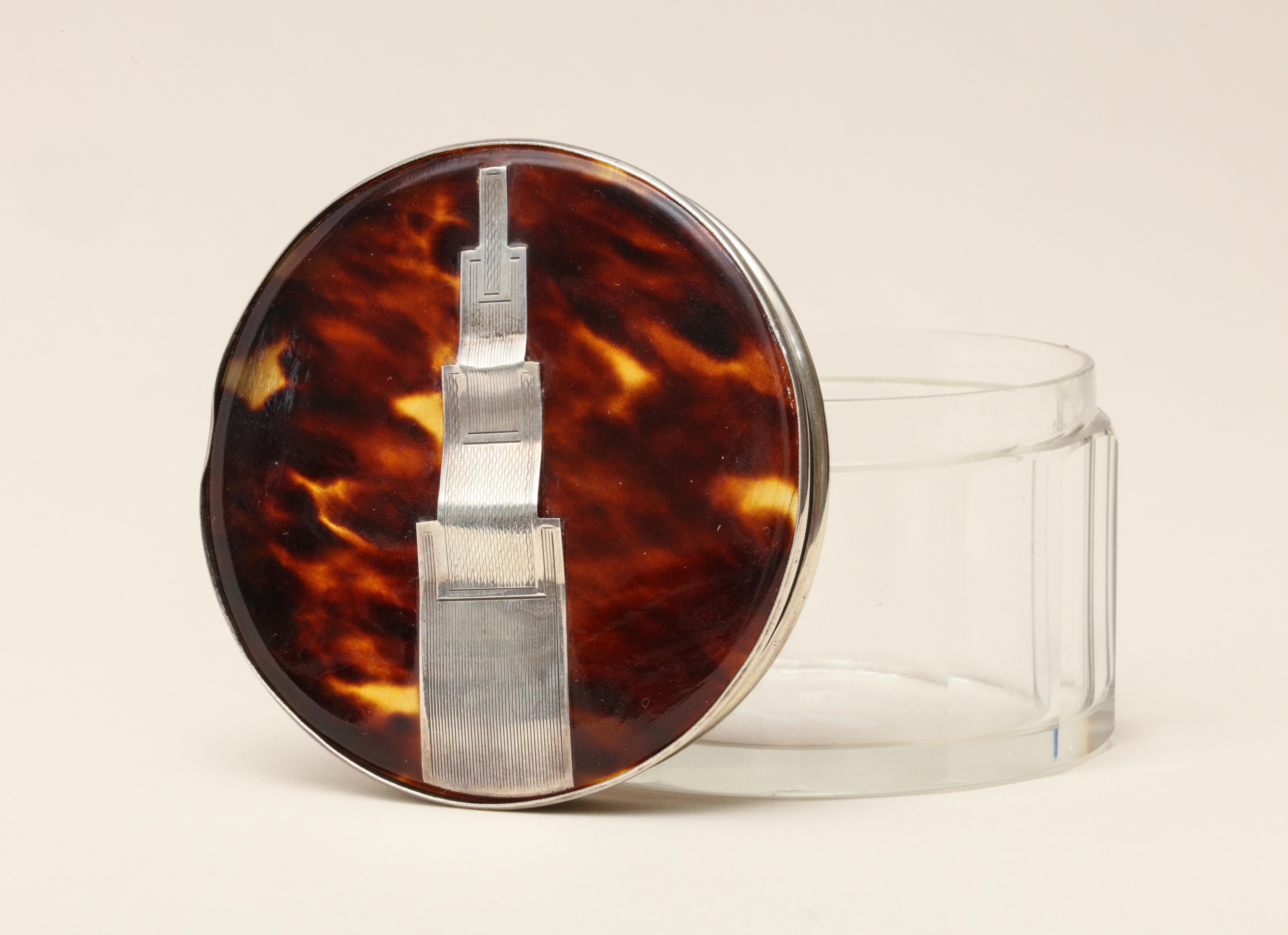 English Art Deco Crystal Jar with Faux Tortoiseshell and Sterling Silver Top For Sale 1