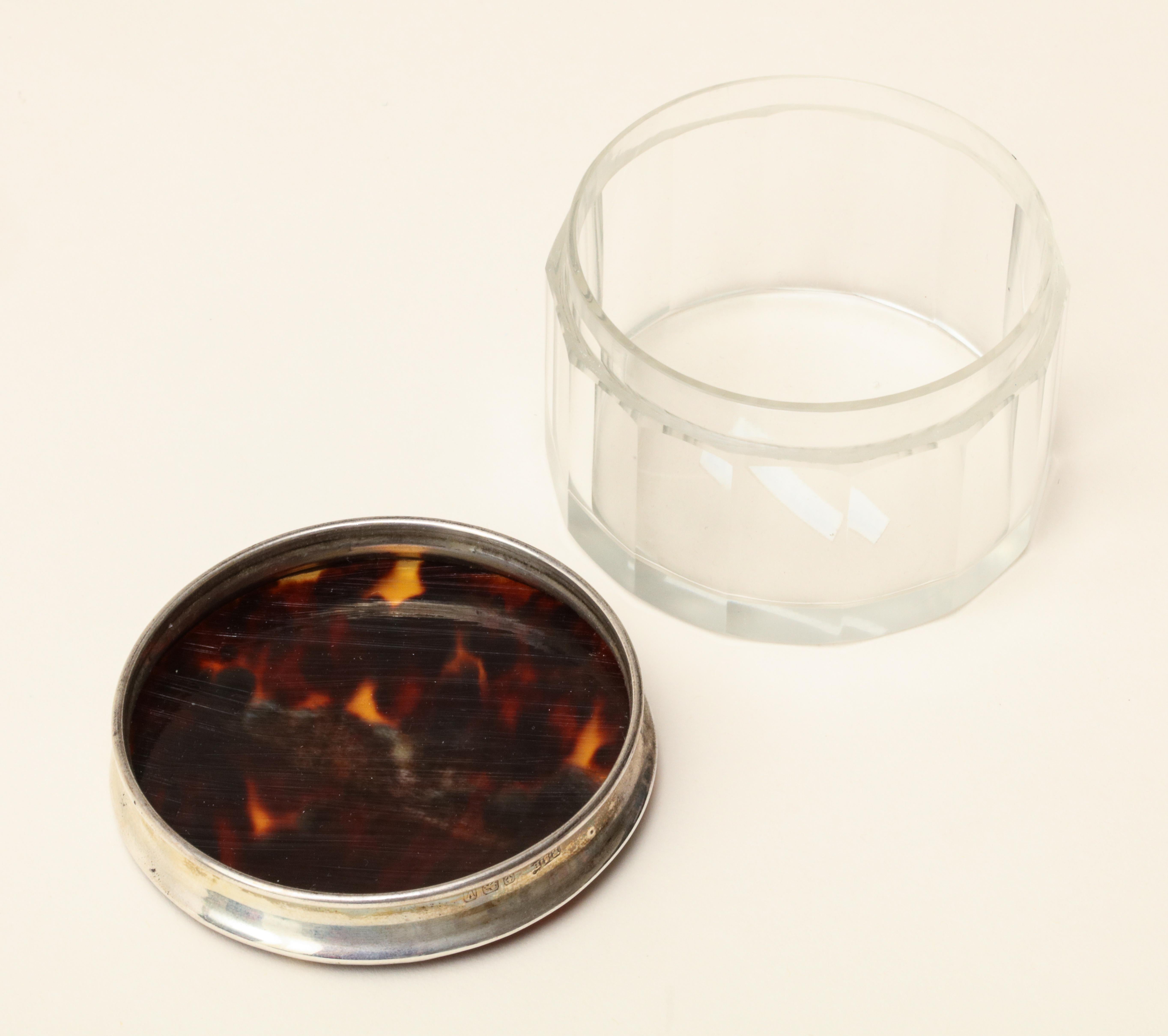 English Art Deco Crystal Jar with Faux Tortoiseshell and Sterling Silver Top For Sale 3