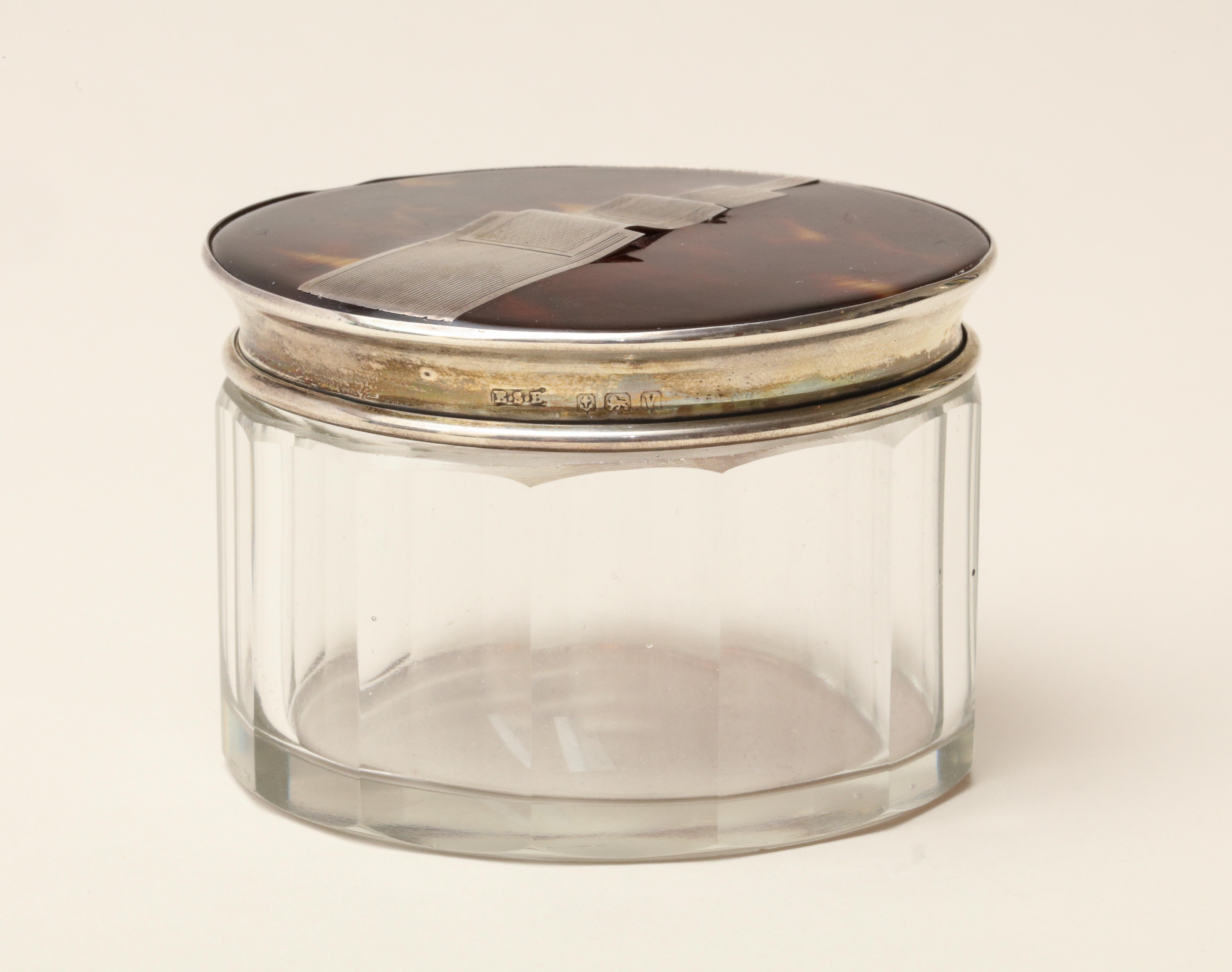 English Art Deco Crystal Jar with Faux Tortoiseshell and Sterling Silver Top For Sale 5