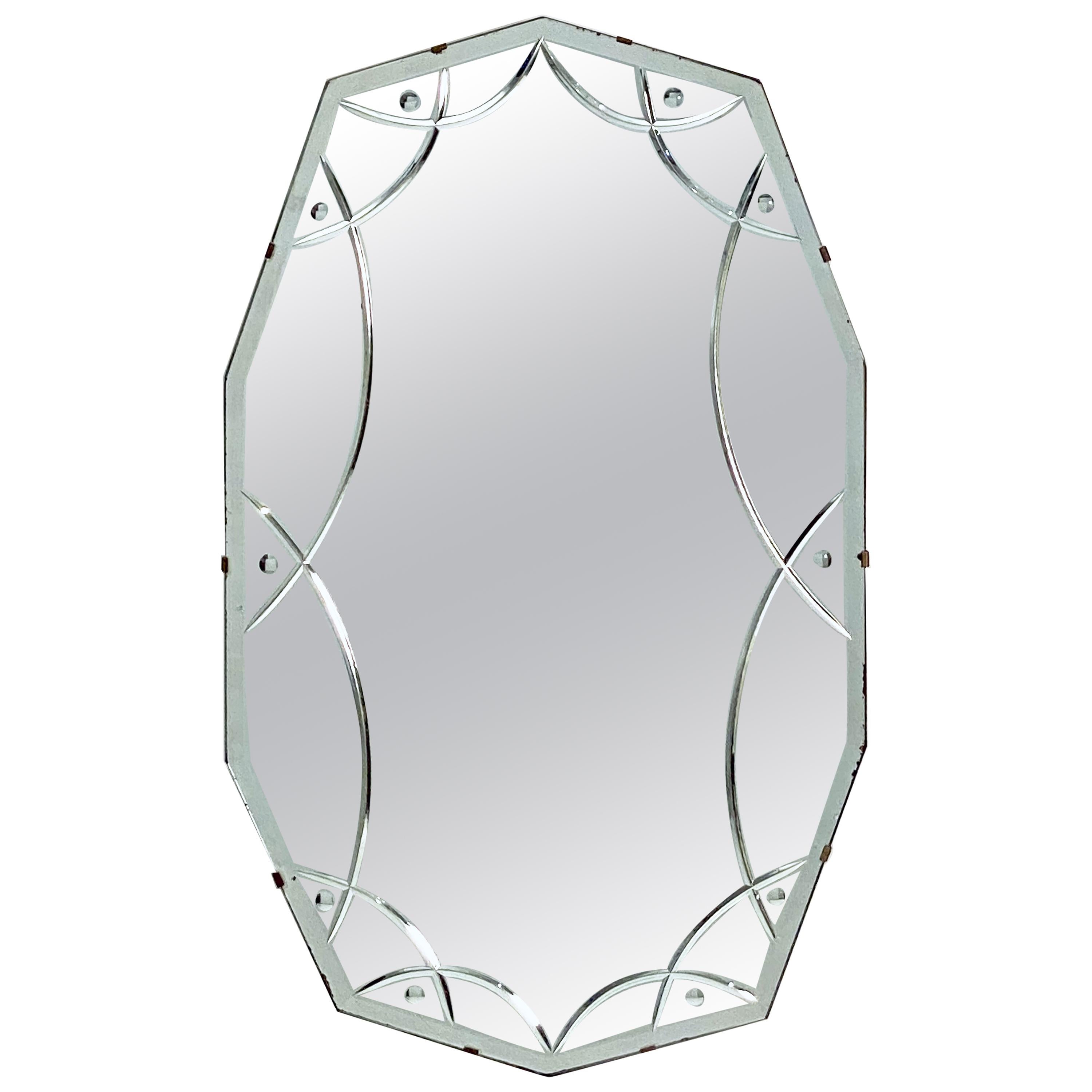 English Art Deco Decagonal Oval Reverse-Cut Beveled Mirror (25 1/2 x 15 3/8)