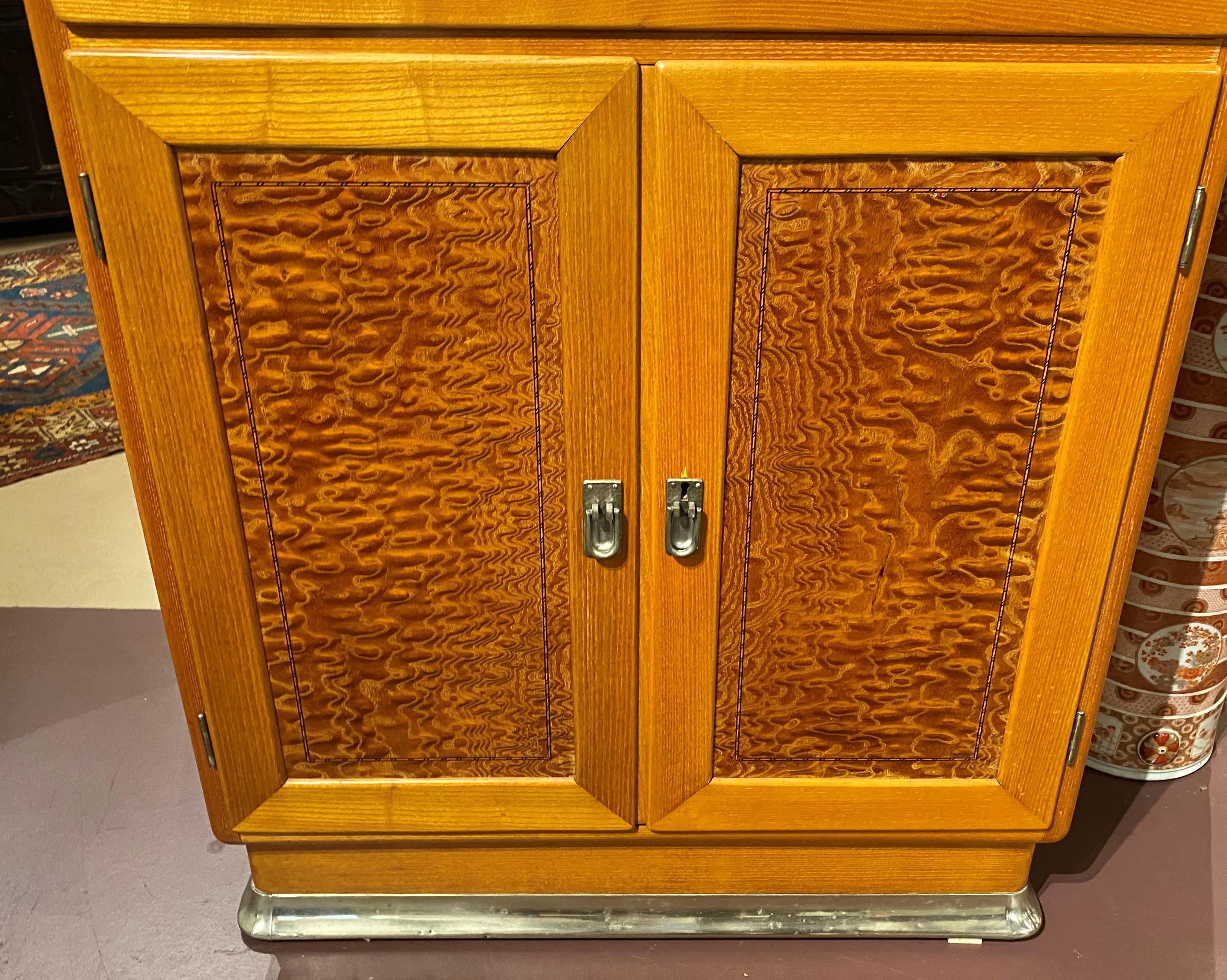 Hand-Carved English Art Deco Elmwood High Chest with Hammered Pewter, Possibly Liberty  For Sale