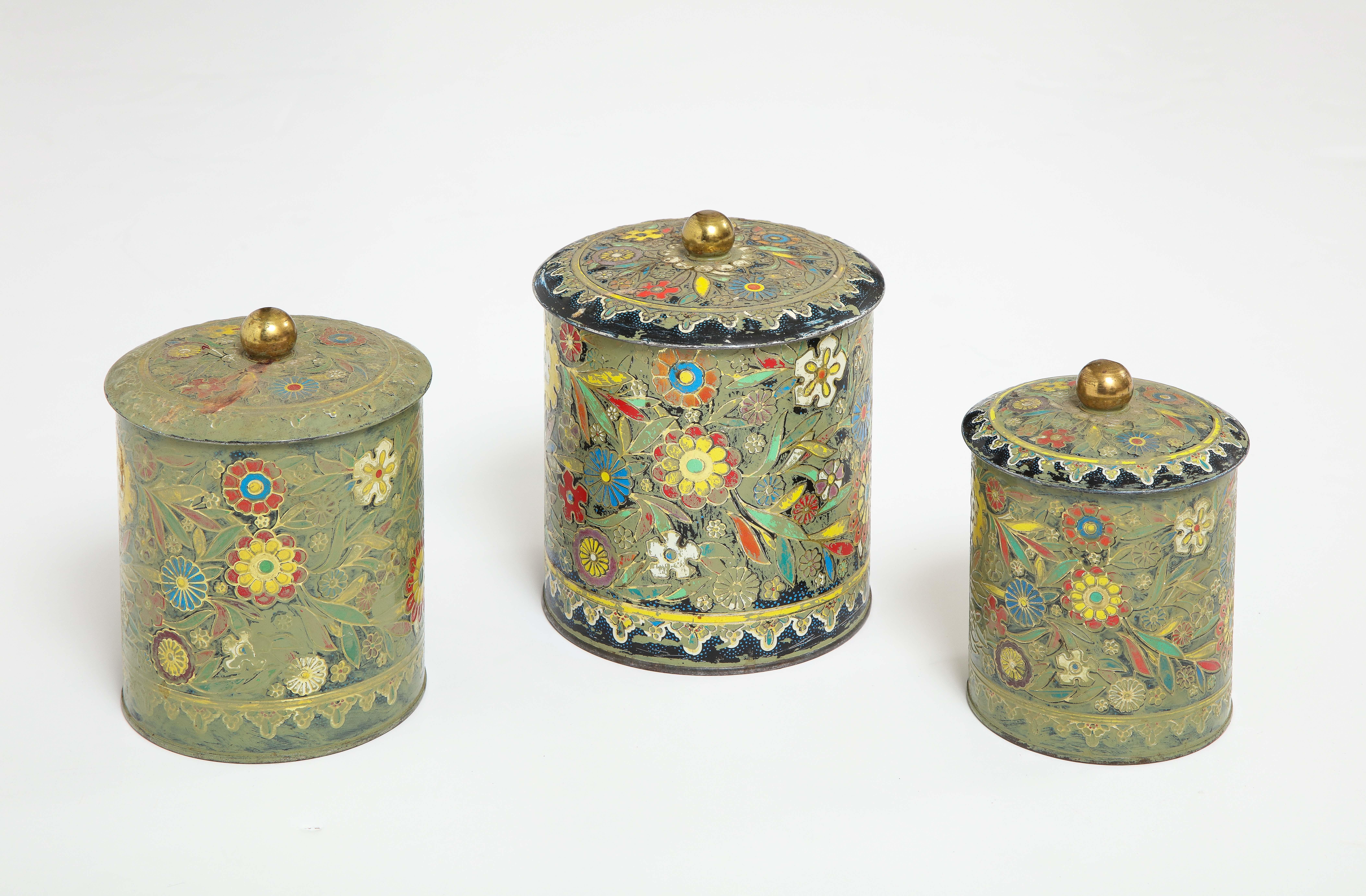 English Art Deco Enameled Tin Cannisters In Good Condition For Sale In New York, NY