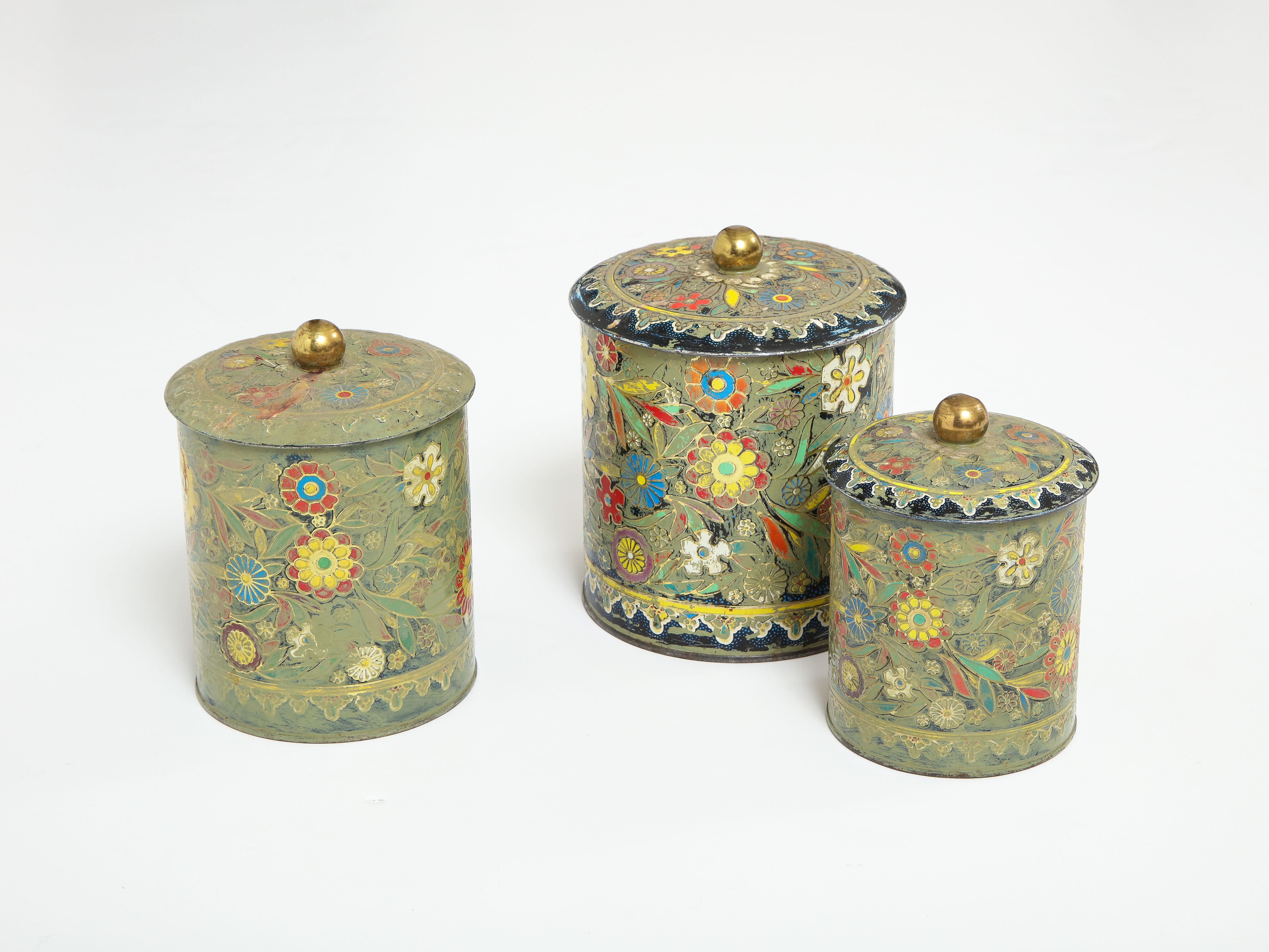 20th Century English Art Deco Enameled Tin Cannisters For Sale