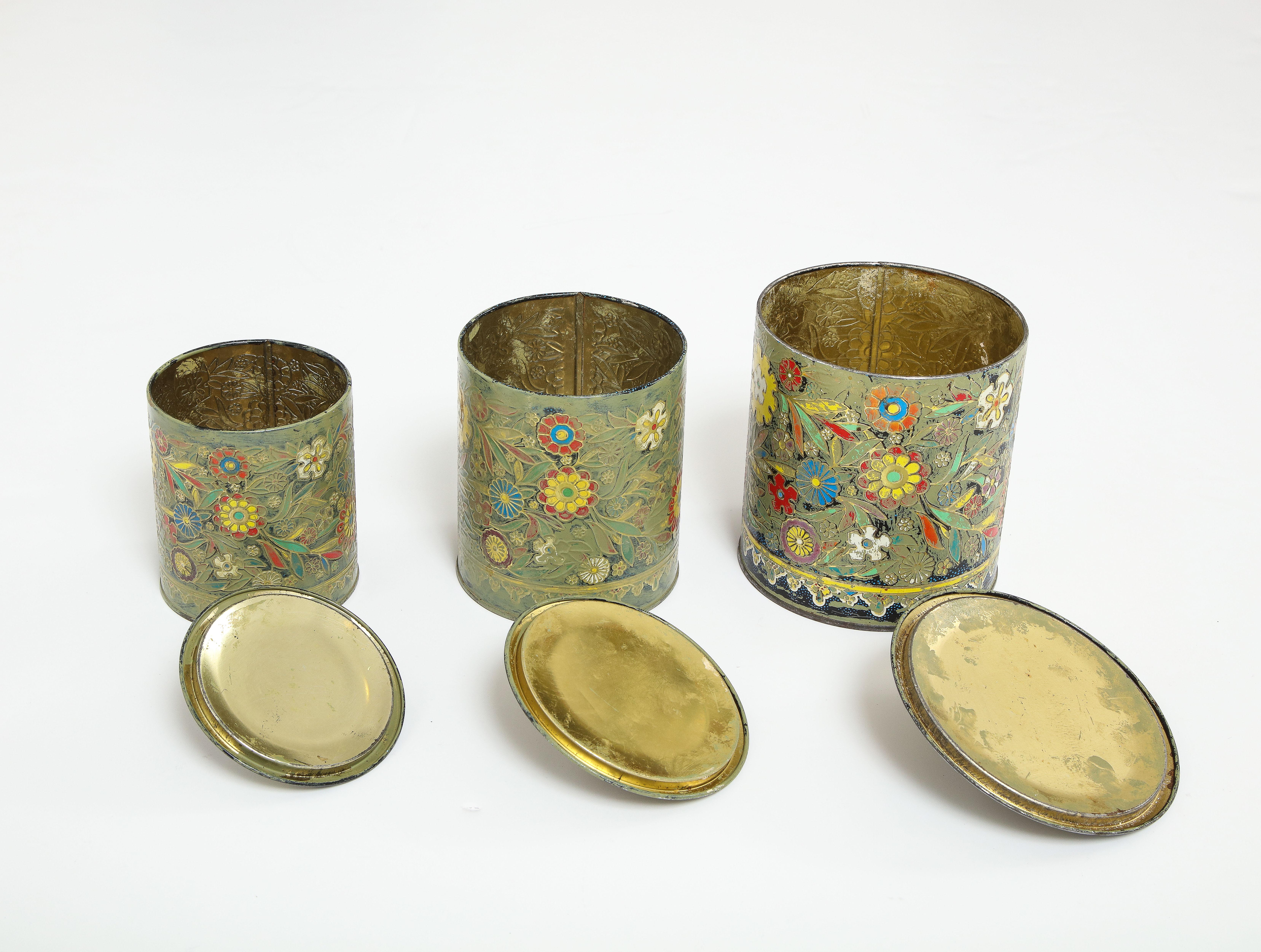 Metal English Art Deco Enameled Tin Cannisters For Sale
