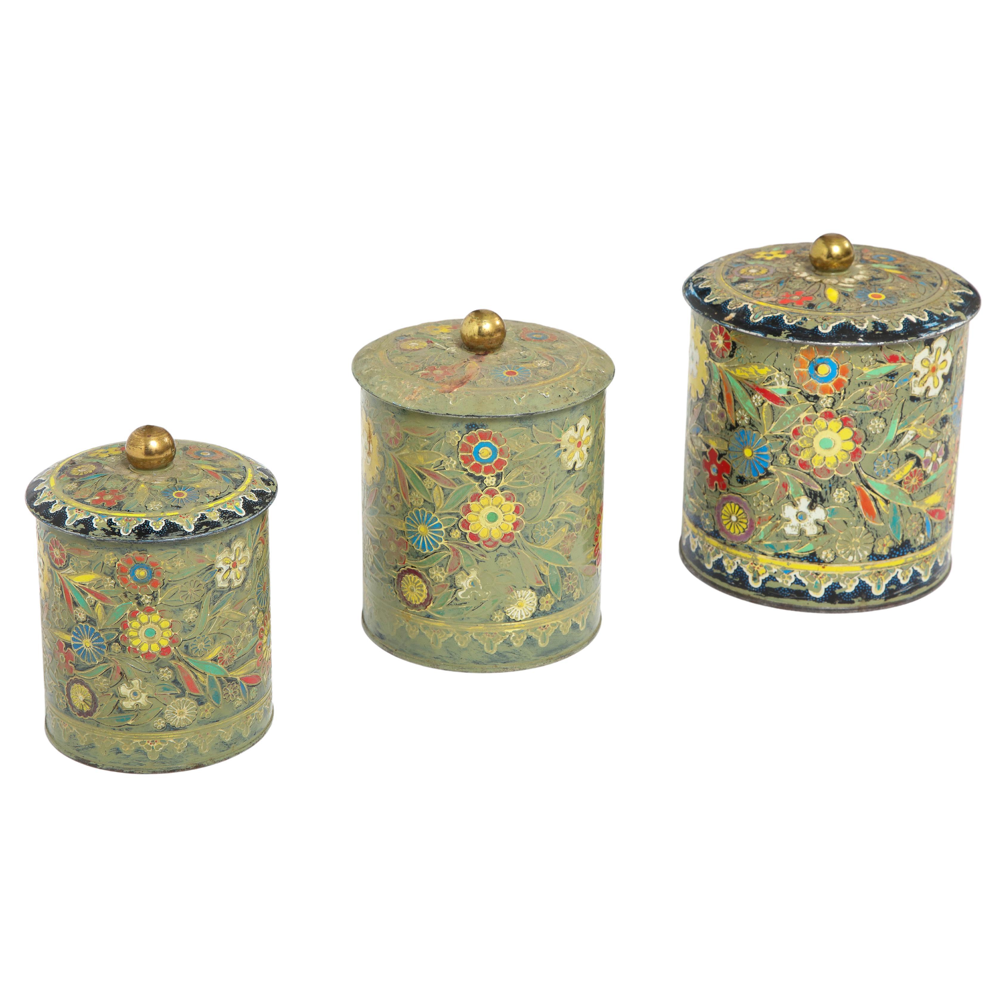 English Art Deco Enameled Tin Cannisters For Sale