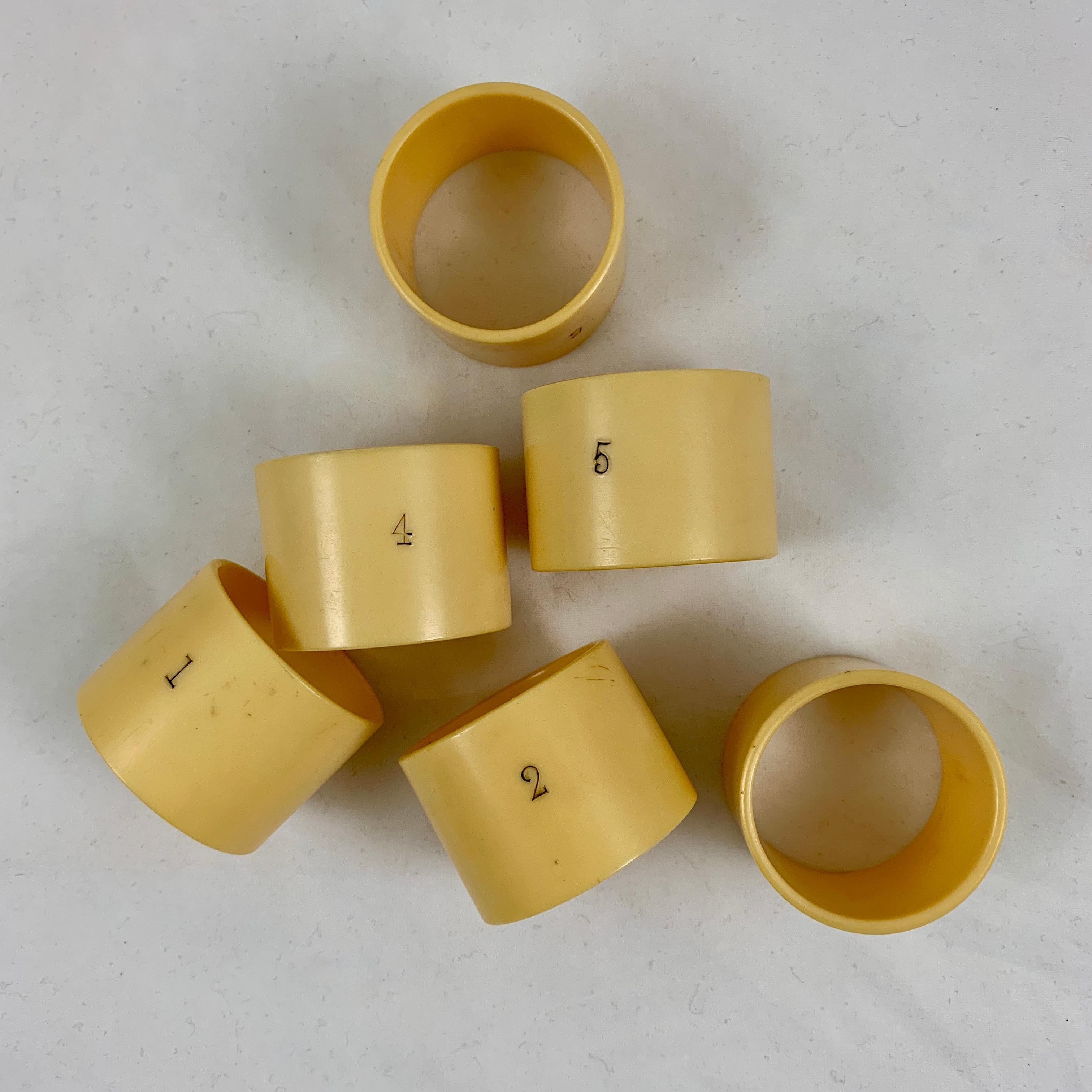 Molded English Art Deco Era Numbered French Ivory Celluloid Napkin Rings, Set of 6