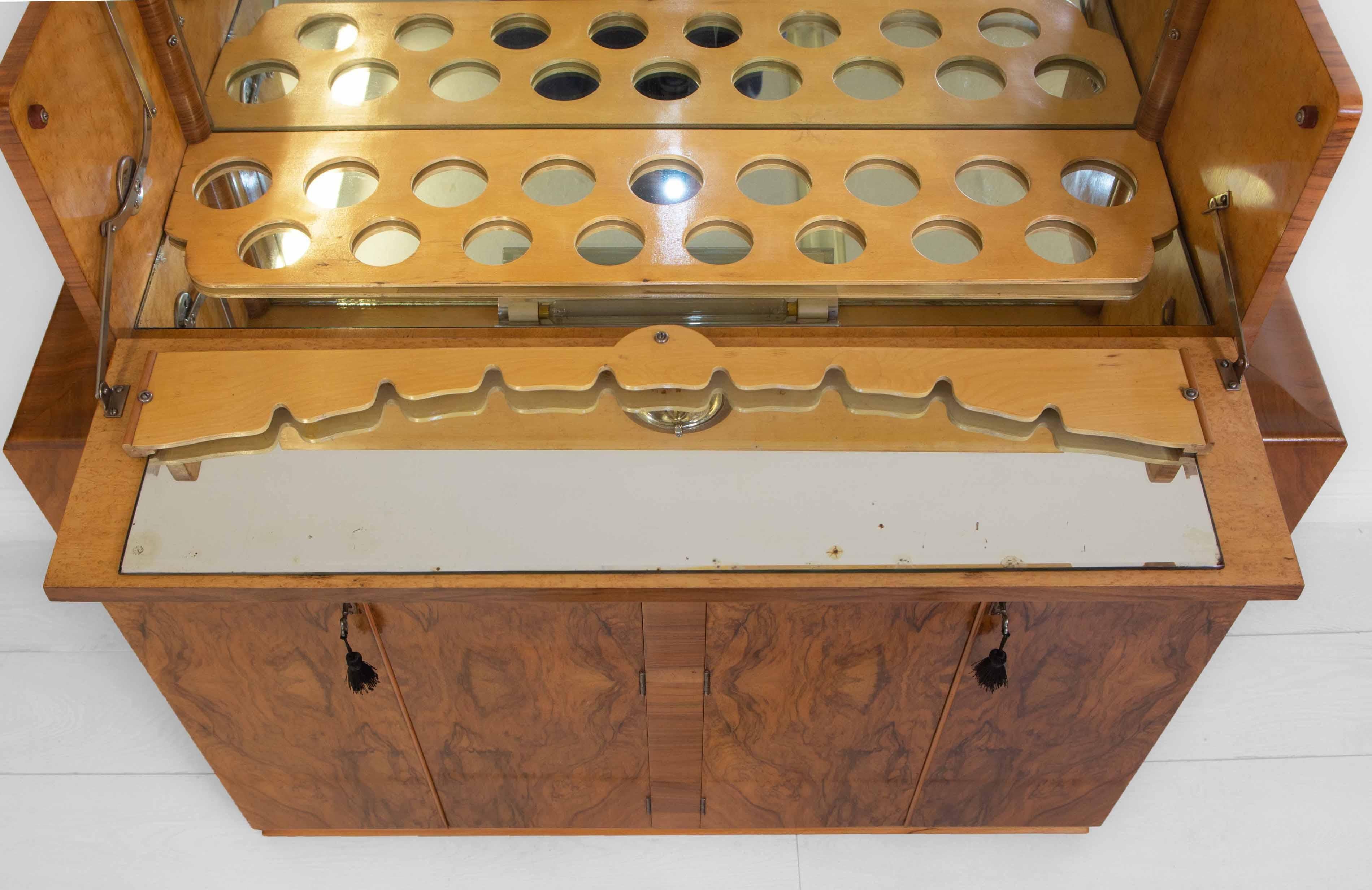 English Art Deco Figured Walnut Cocktail Cabinet Dry Bar 9