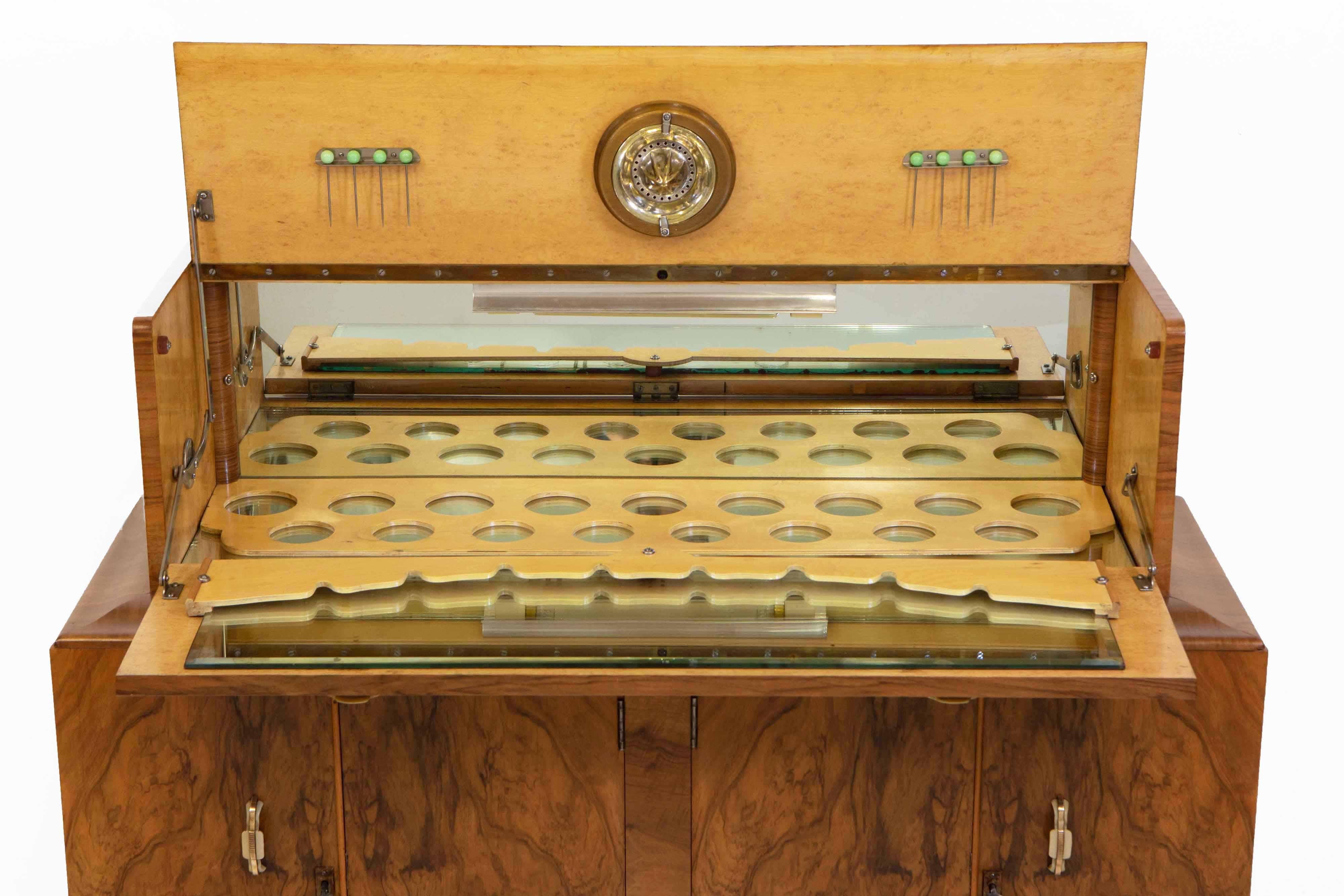 British English Art Deco Figured Walnut Cocktail Cabinet Dry Bar