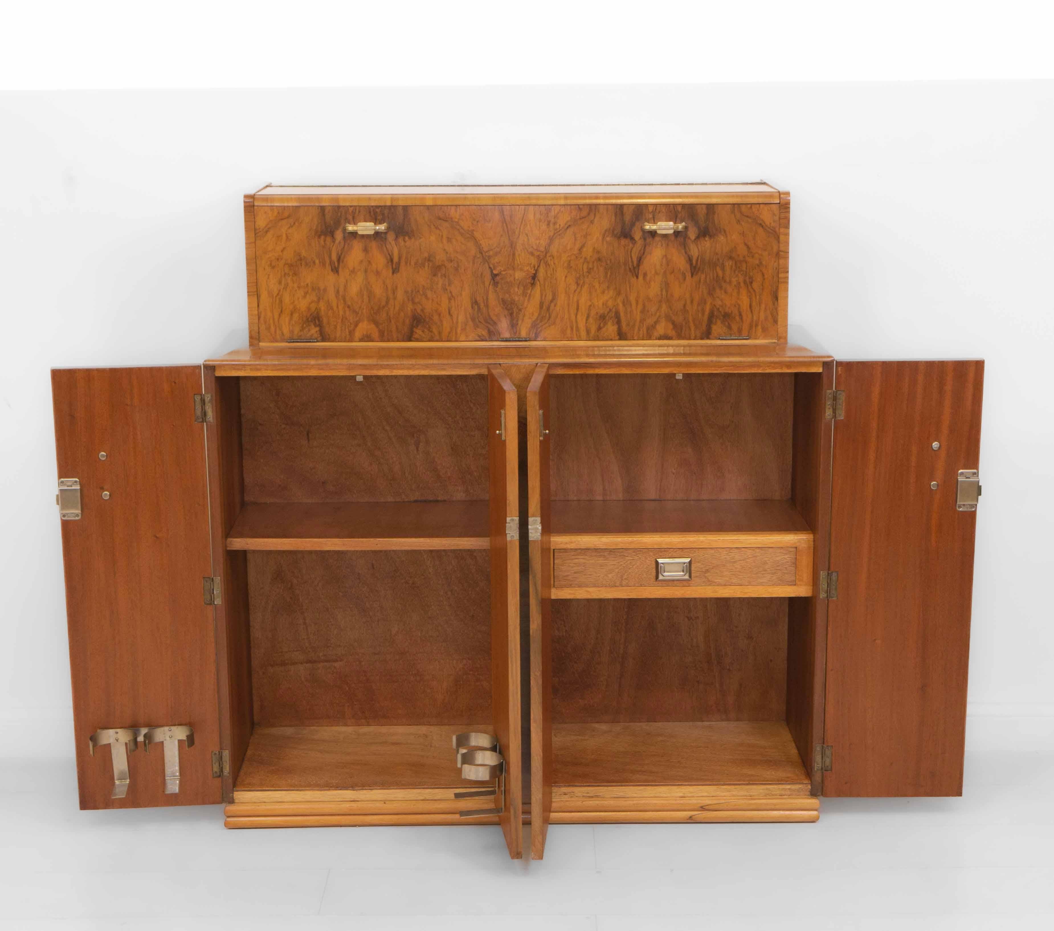 English Art Deco Figured Walnut Cocktail Cabinet Dry Bar 3