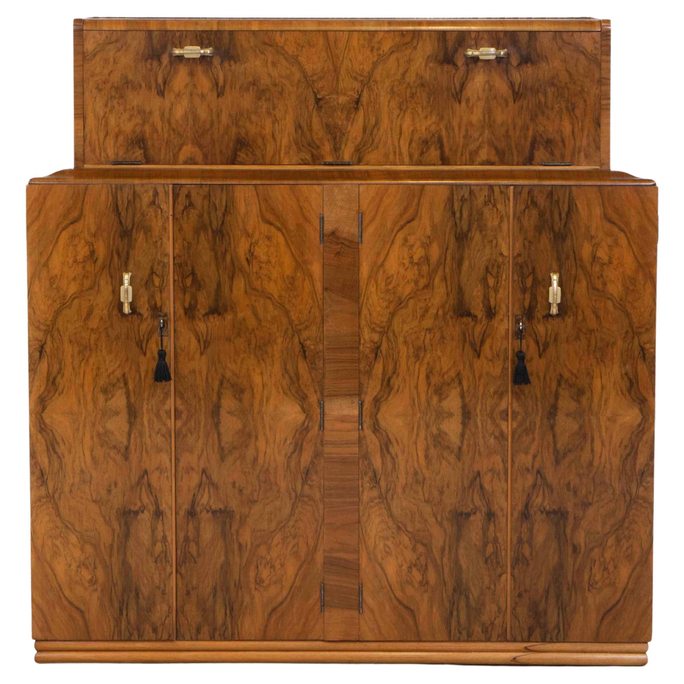 English Art Deco Figured Walnut Cocktail Cabinet Dry Bar