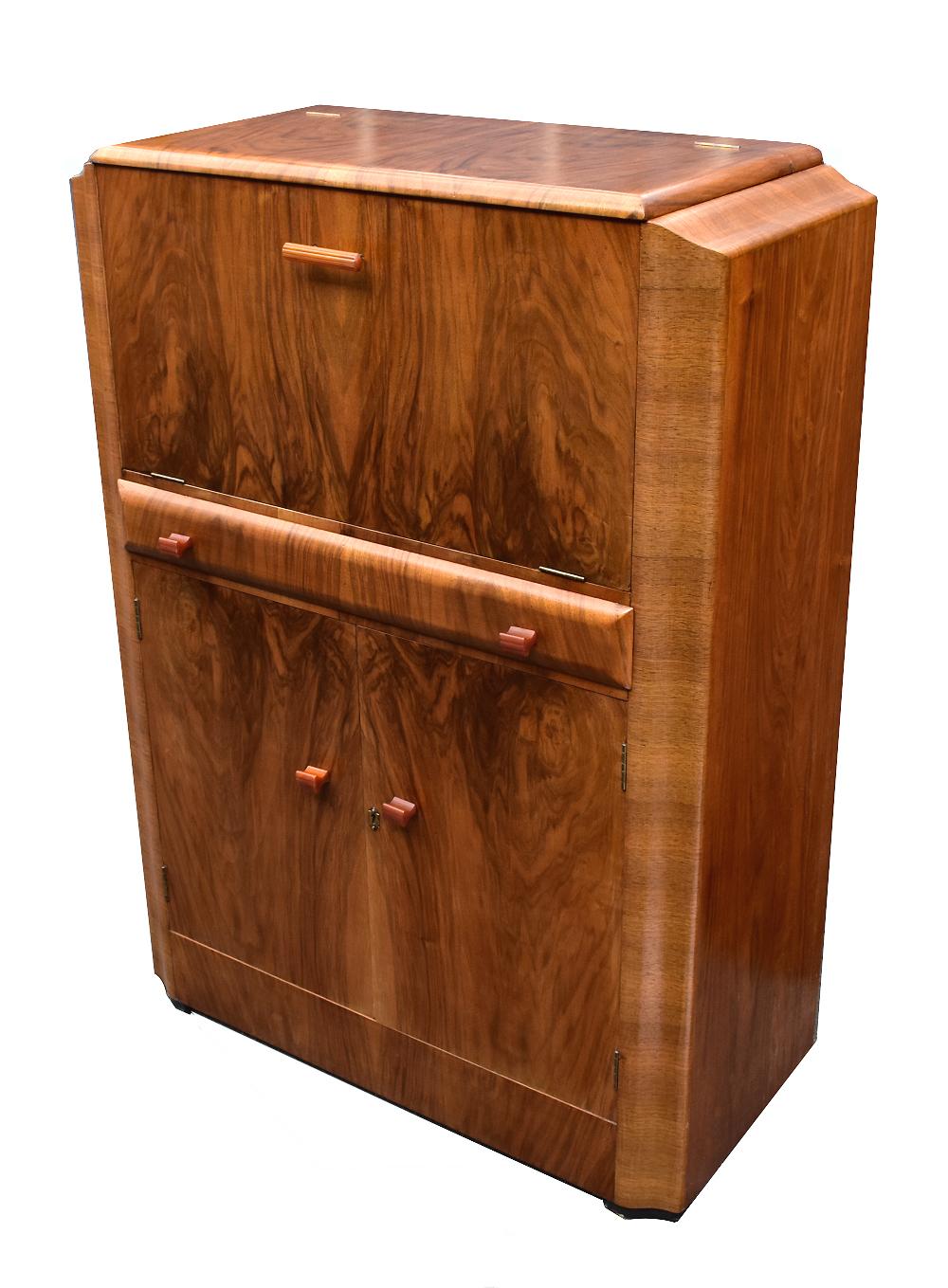 English Art Deco Fitted Burr Walnut Cocktail Cabinet or Dry Bar 2