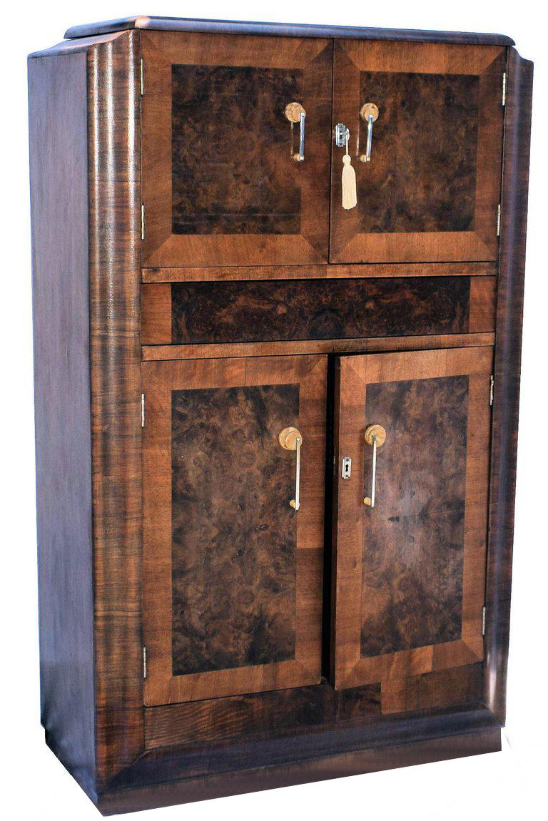 English Art Deco Fitted Burr Walnut Cocktail Cabinet or Dry Bar 4