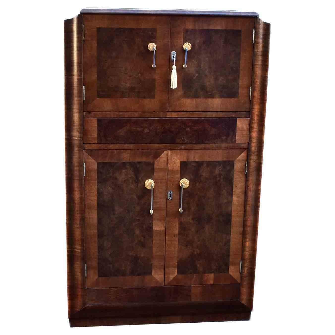 English Art Deco Fitted Burr Walnut Cocktail Cabinet or Dry Bar