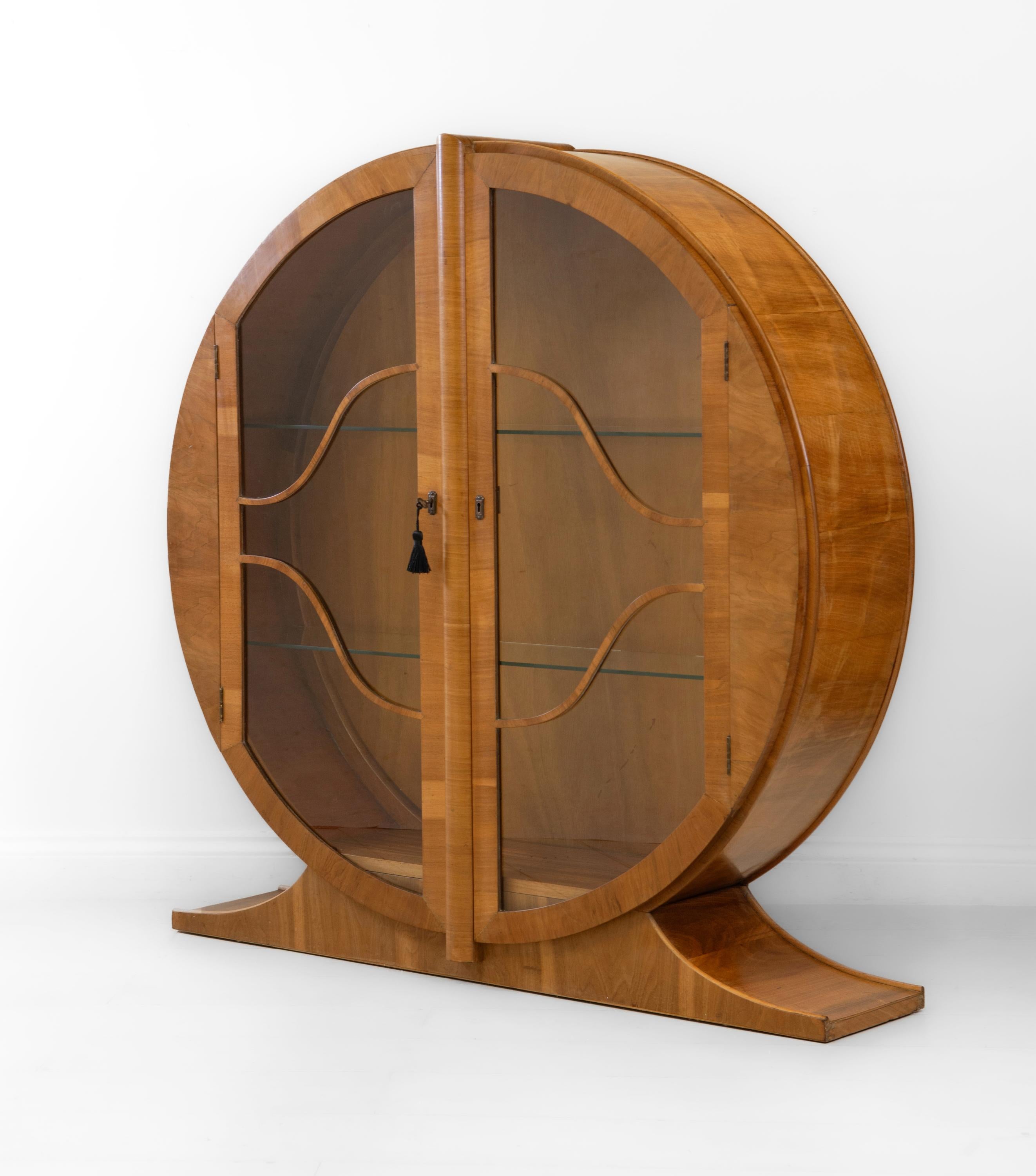 English Art Deco Golden Walnut Circular Display Cabinet Circa 1930s 5