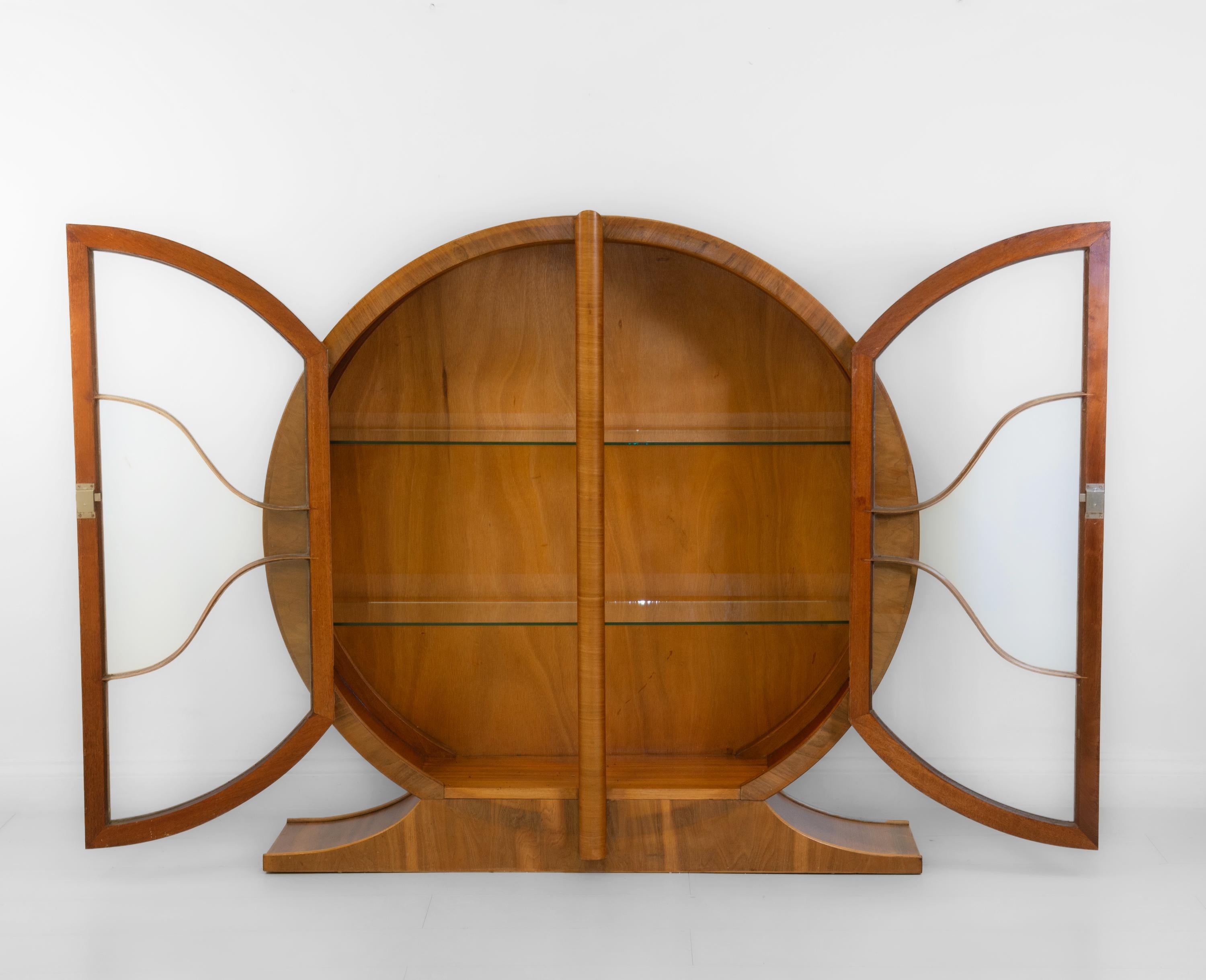 British English Art Deco Golden Walnut Circular Display Cabinet Circa 1930s