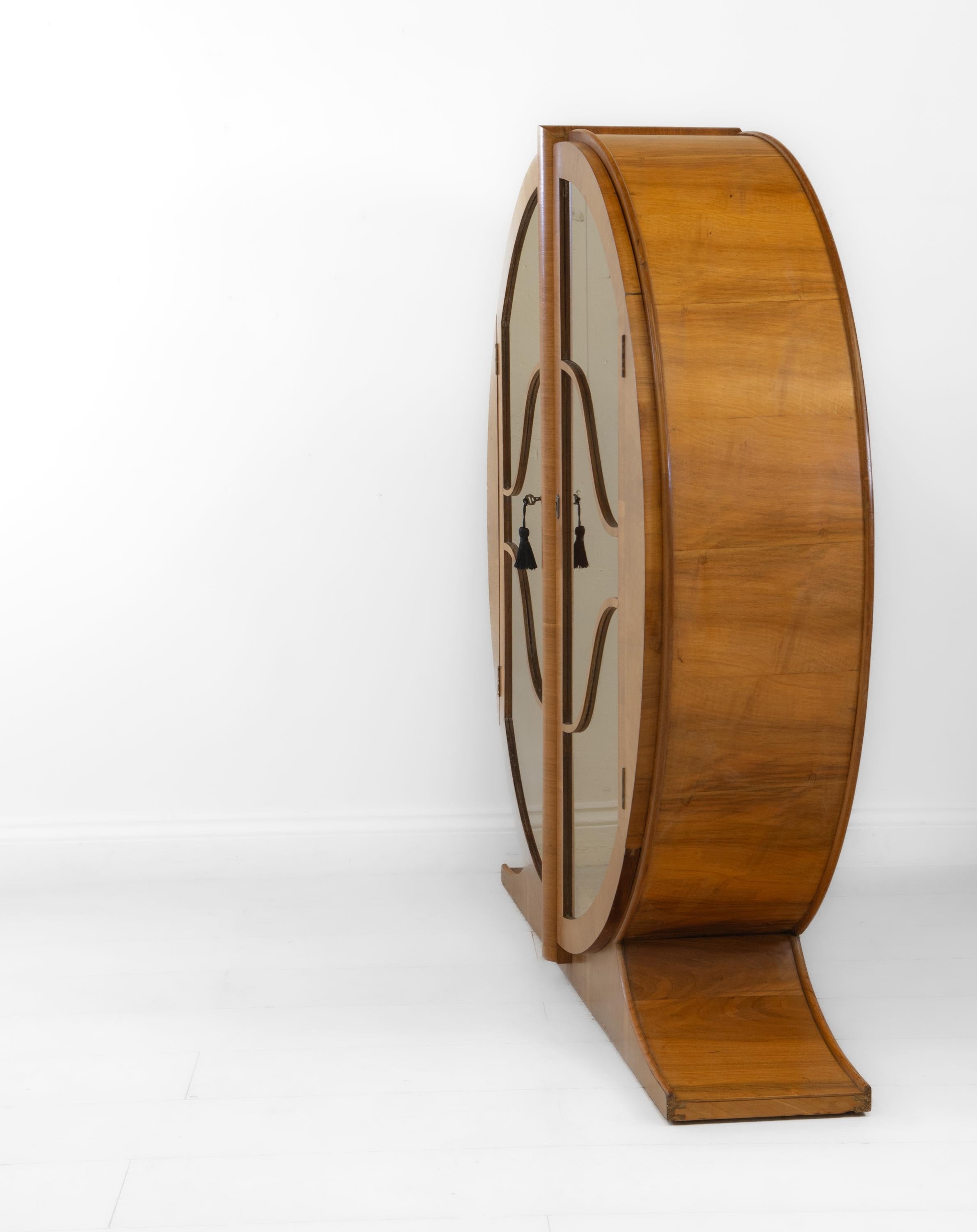 Veneer English Art Deco Golden Walnut Circular Display Cabinet Circa 1930s
