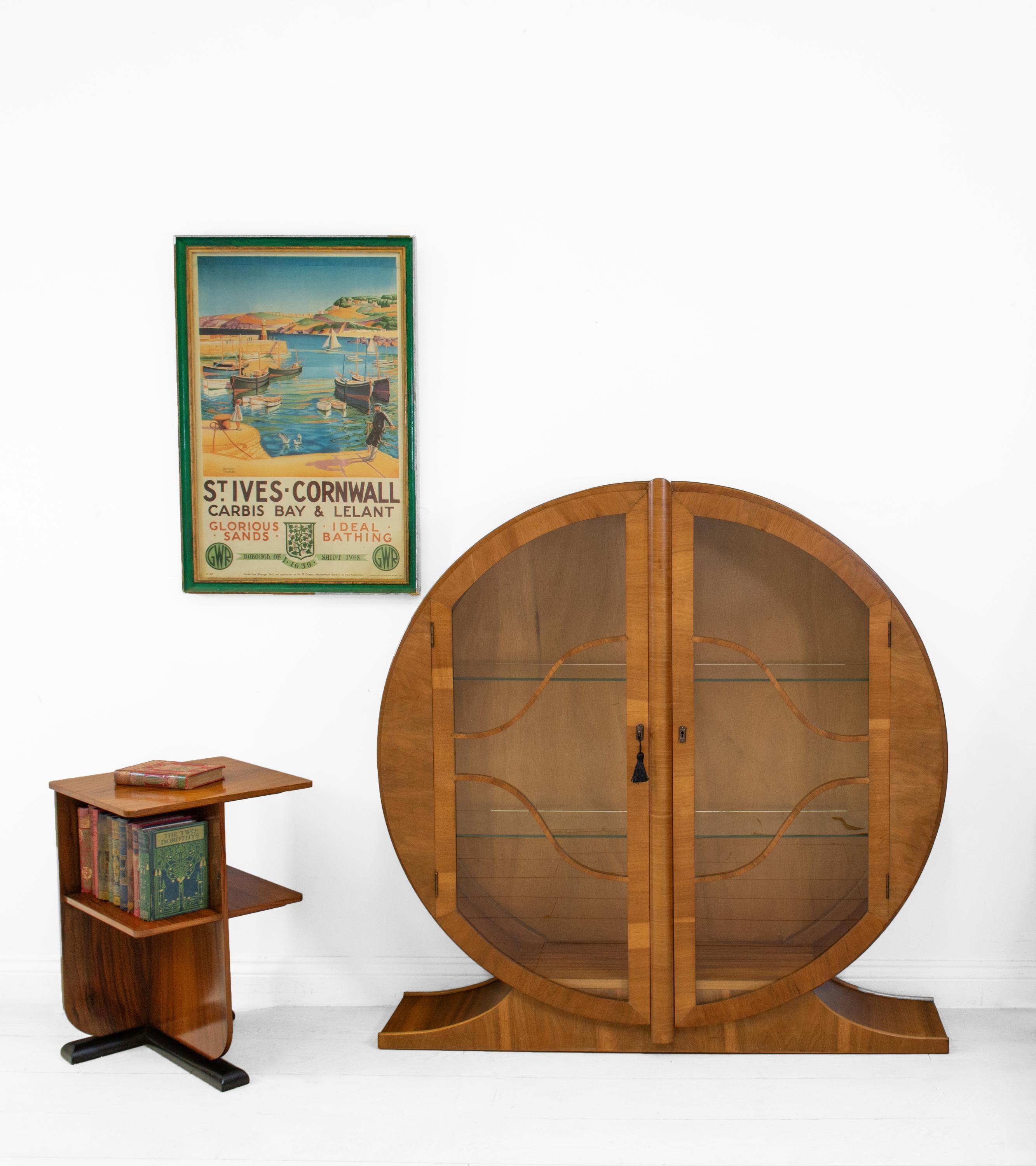 English Art Deco Golden Walnut Circular Display Cabinet Circa 1930s 1