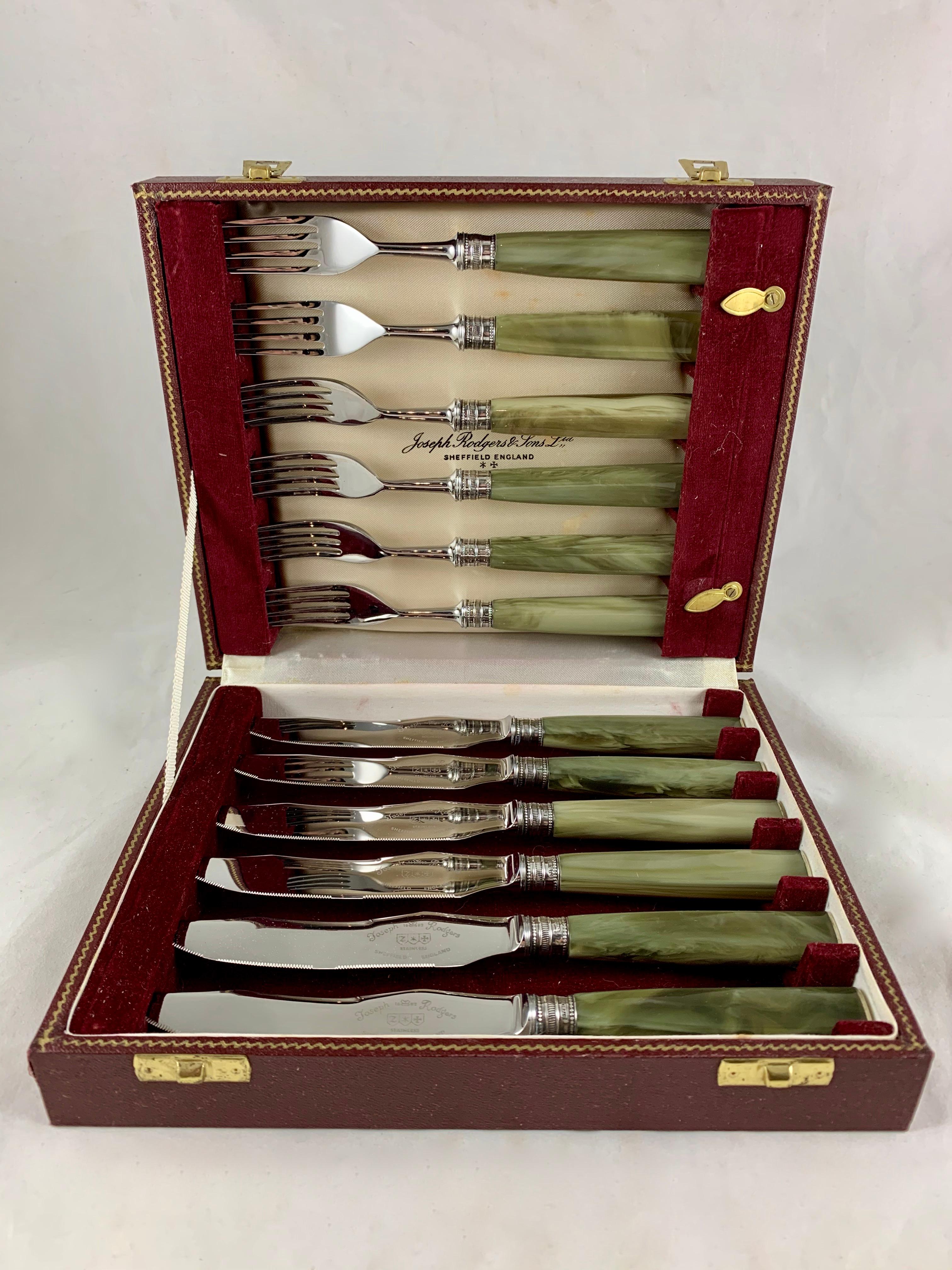 English Art Deco Green Celluloid & Sterling Silver Knife & Fork Boxed, Set of 12 2