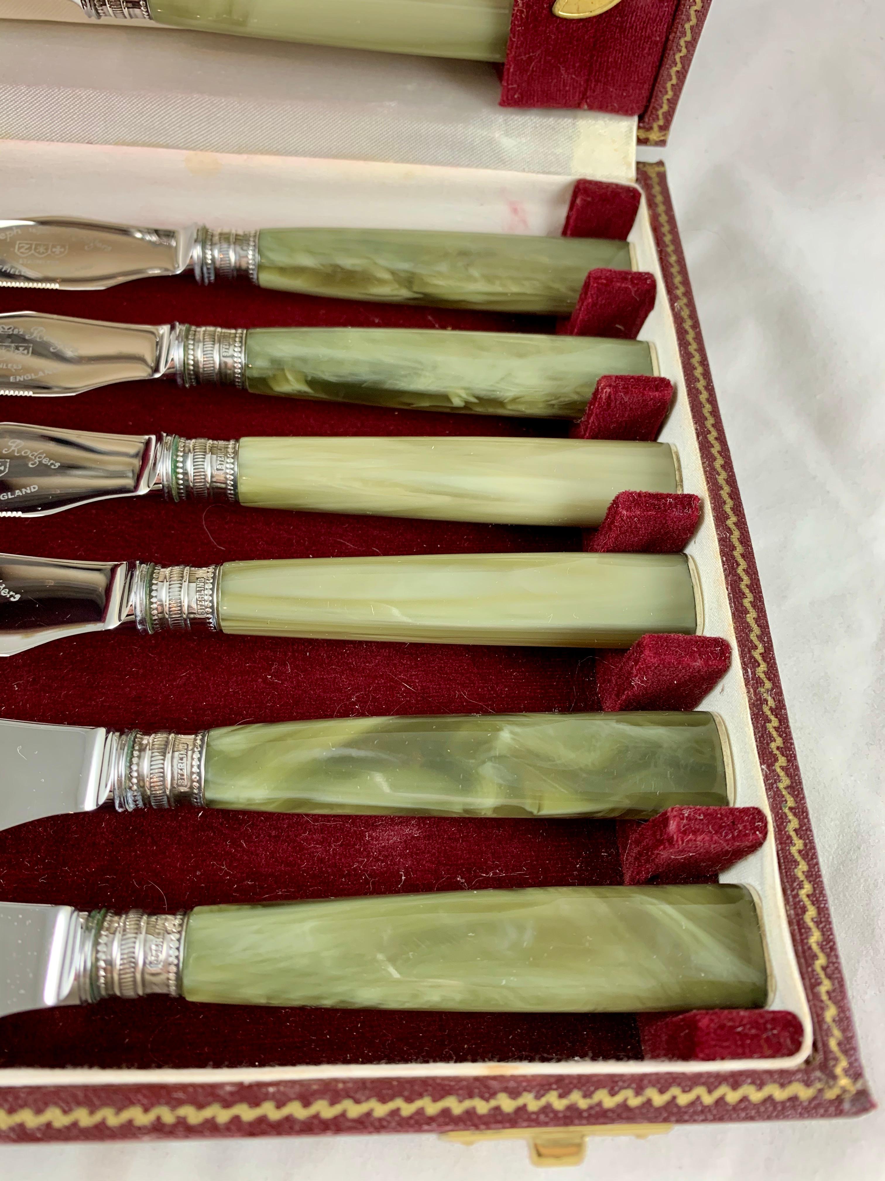 English Art Deco Green Celluloid & Sterling Silver Knife & Fork Boxed, Set of 12 3