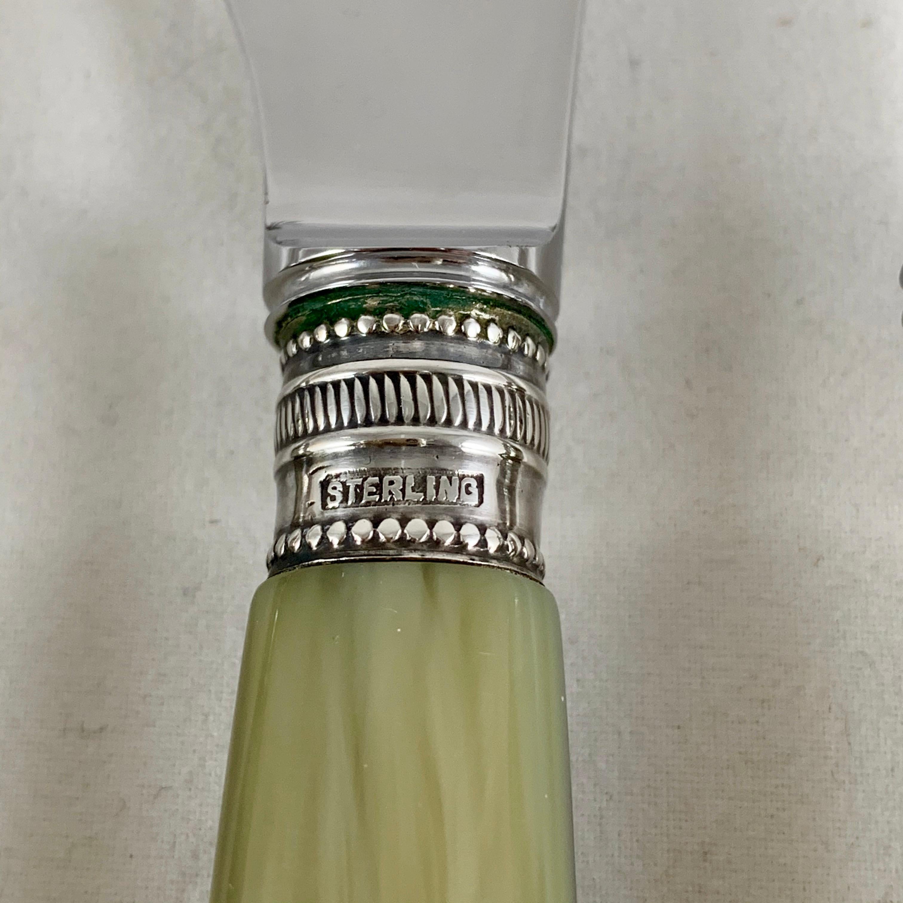 English Art Deco Green Celluloid & Sterling Silver Knife & Fork Boxed, Set of 12 9