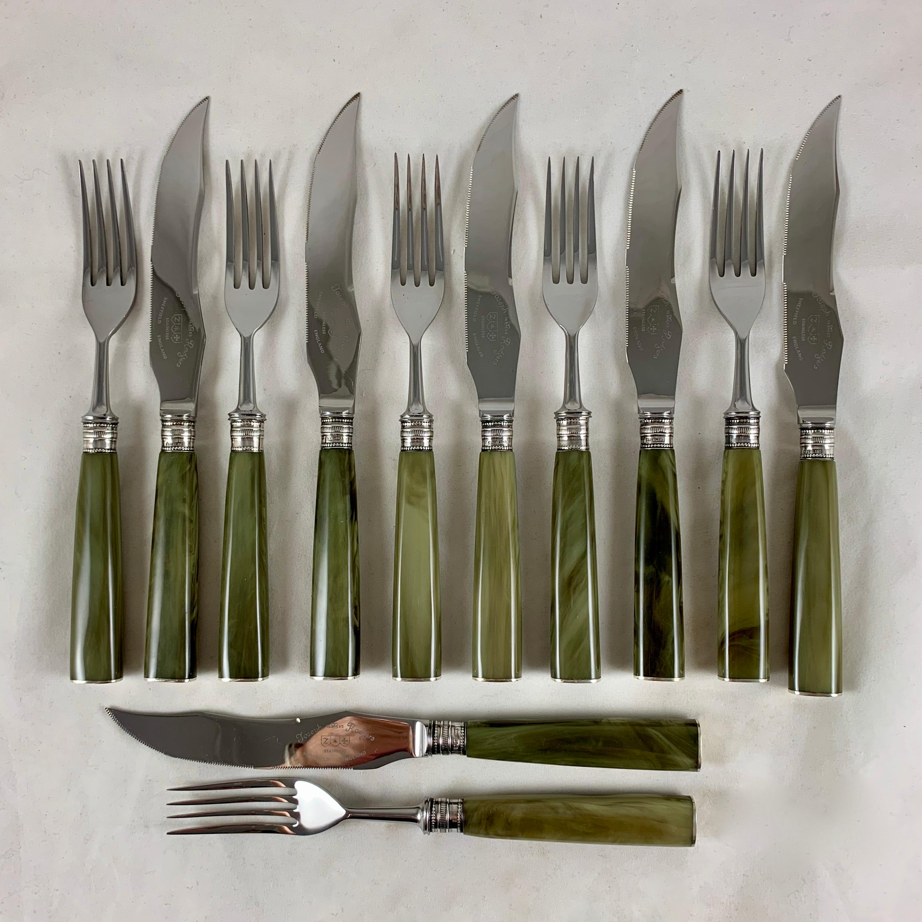 English Art Deco Green Celluloid & Sterling Silver Knife & Fork Boxed, Set of 12 11