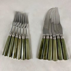 Couteau Art Déco anglais en celluloïd vert & Fourchette en argent sterling & Coffret:: ensemble de 12 pièces