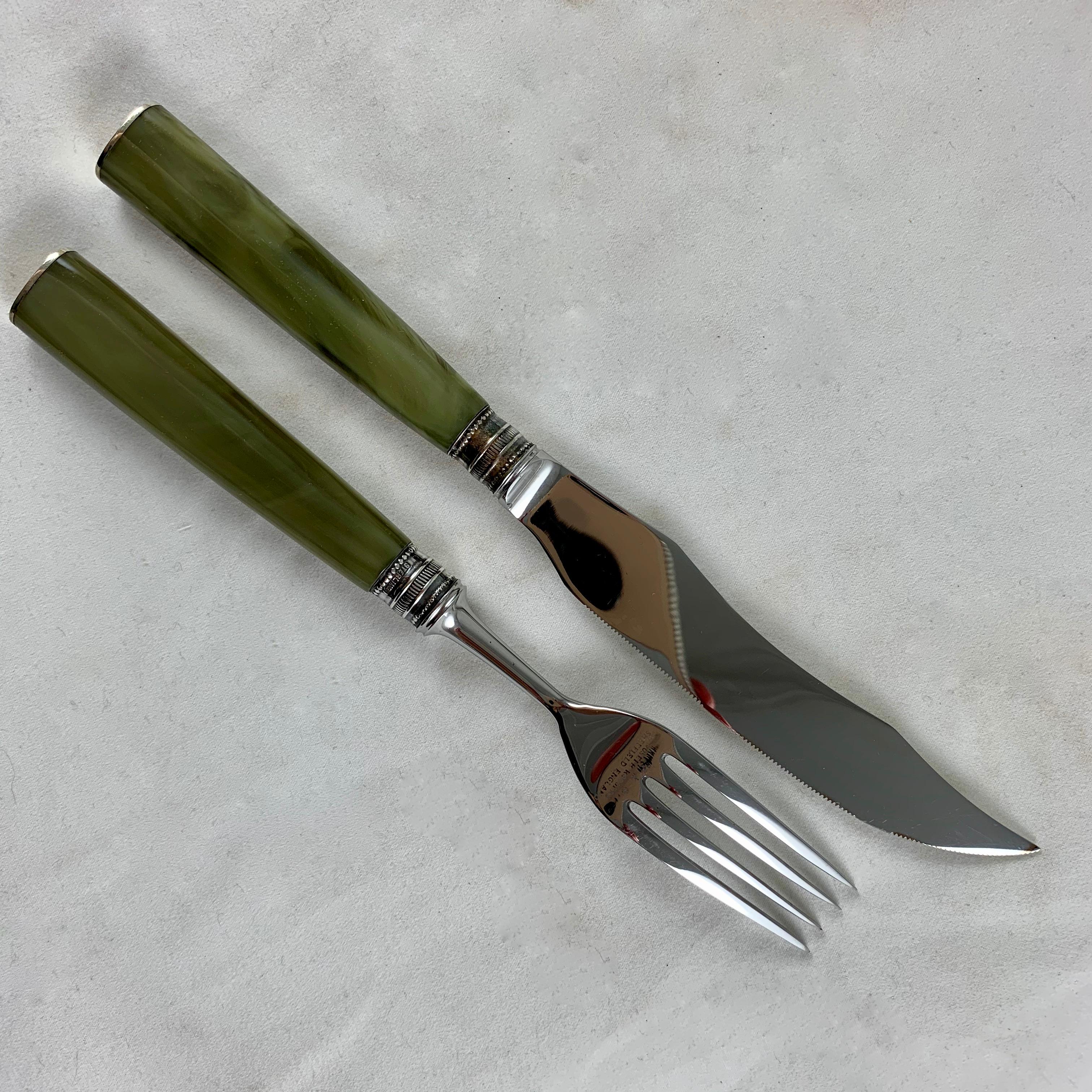 Cast English Art Deco Green Celluloid & Sterling Silver Knife & Fork Boxed, Set of 12