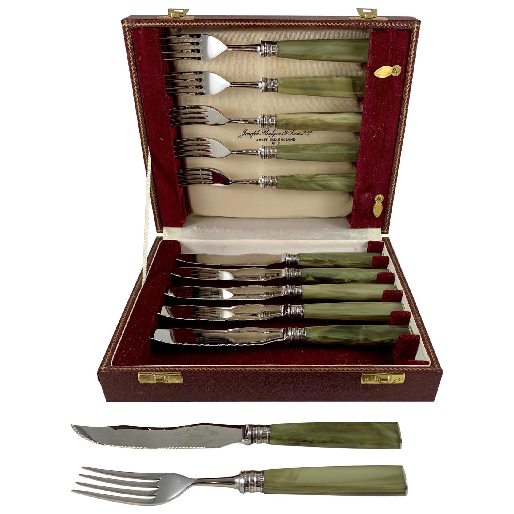 English Art Deco Green Celluloid & Sterling Silver Knife & Fork Boxed, Set of 12