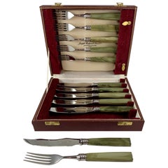 English Art Deco Green Celluloid & Sterling Silver Knife & Fork Boxed, Set of 12