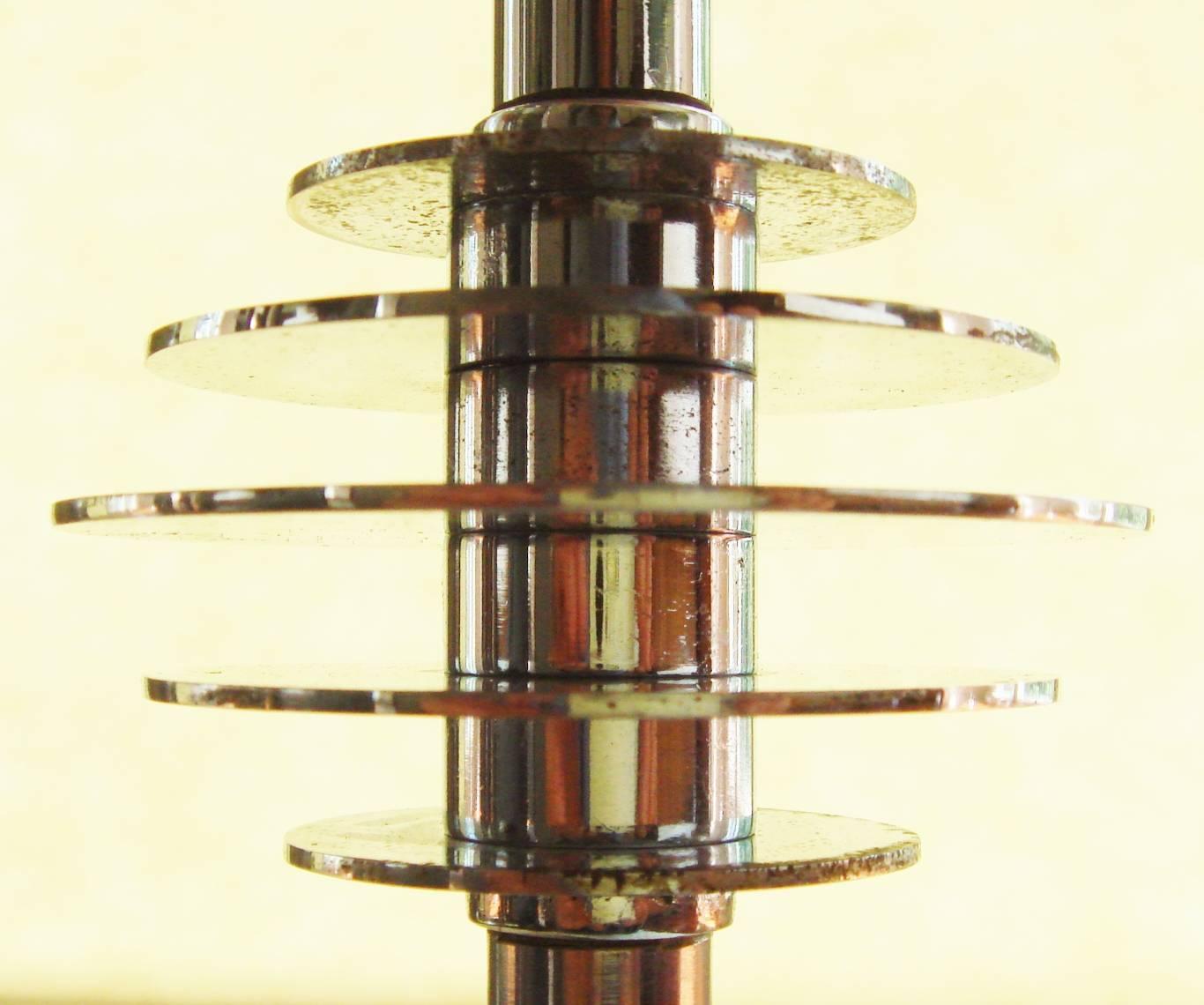 Cast English Art Deco/Machine Age Chrome & Black Torchiere with Red Fiberglass Shade For Sale