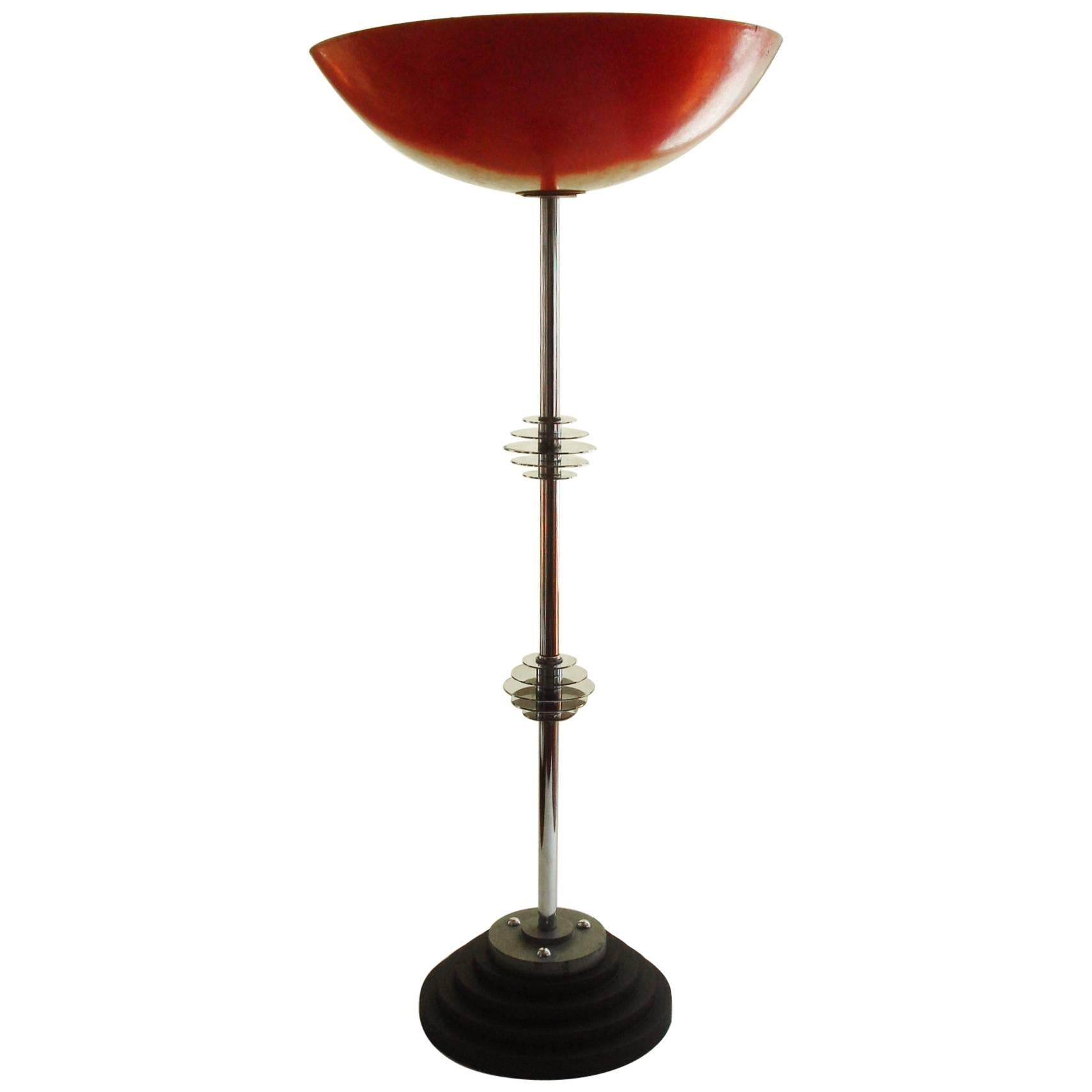 English Art Deco/Machine Age Chrome & Black Torchiere with Red Fiberglass Shade For Sale