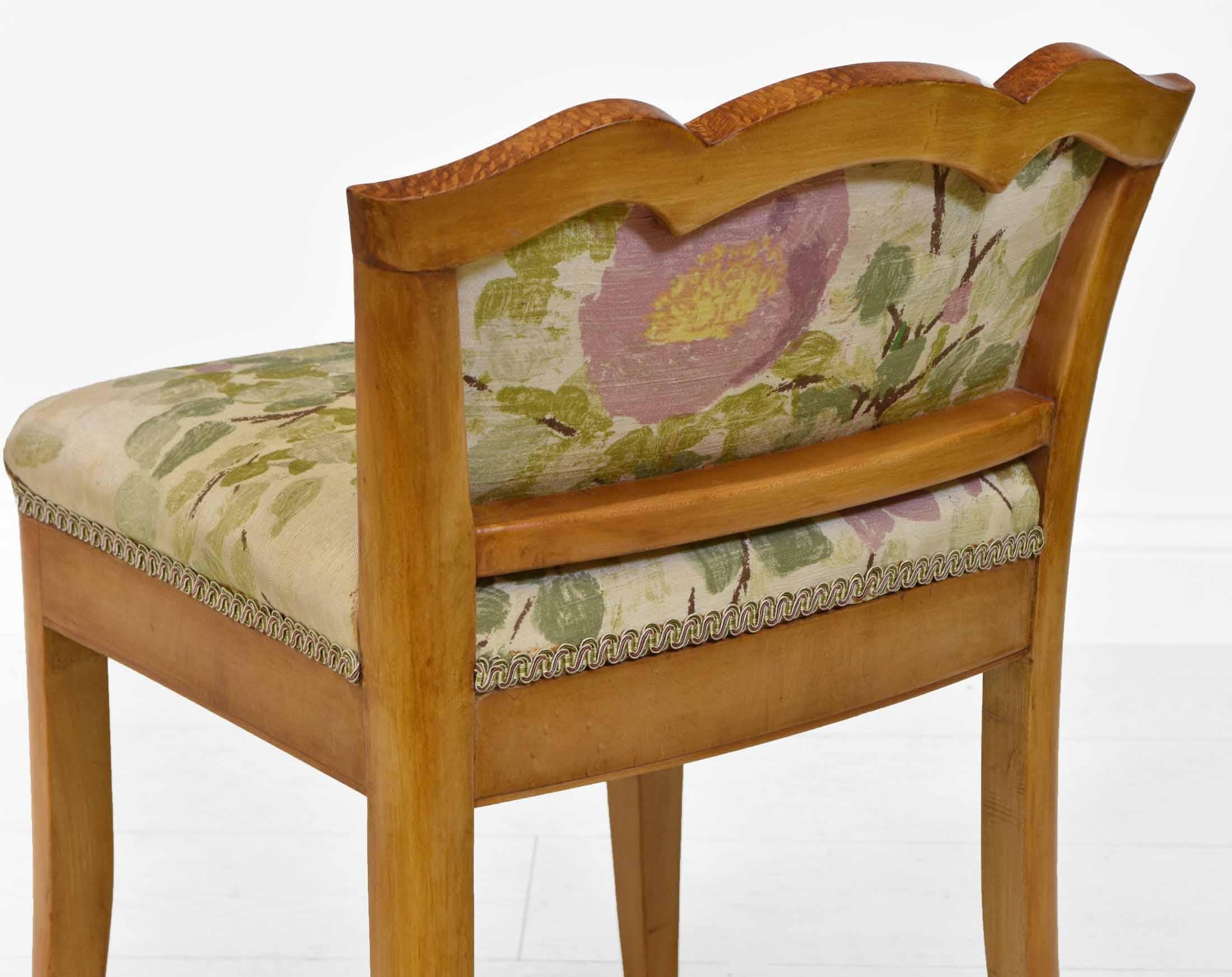 English Art Deco Maple Vanity Stool Seat with the Original 1930s Fabric 4