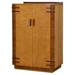 English Art Deco Maple & Walnut Tallboy Small Wardrobe, 1930's