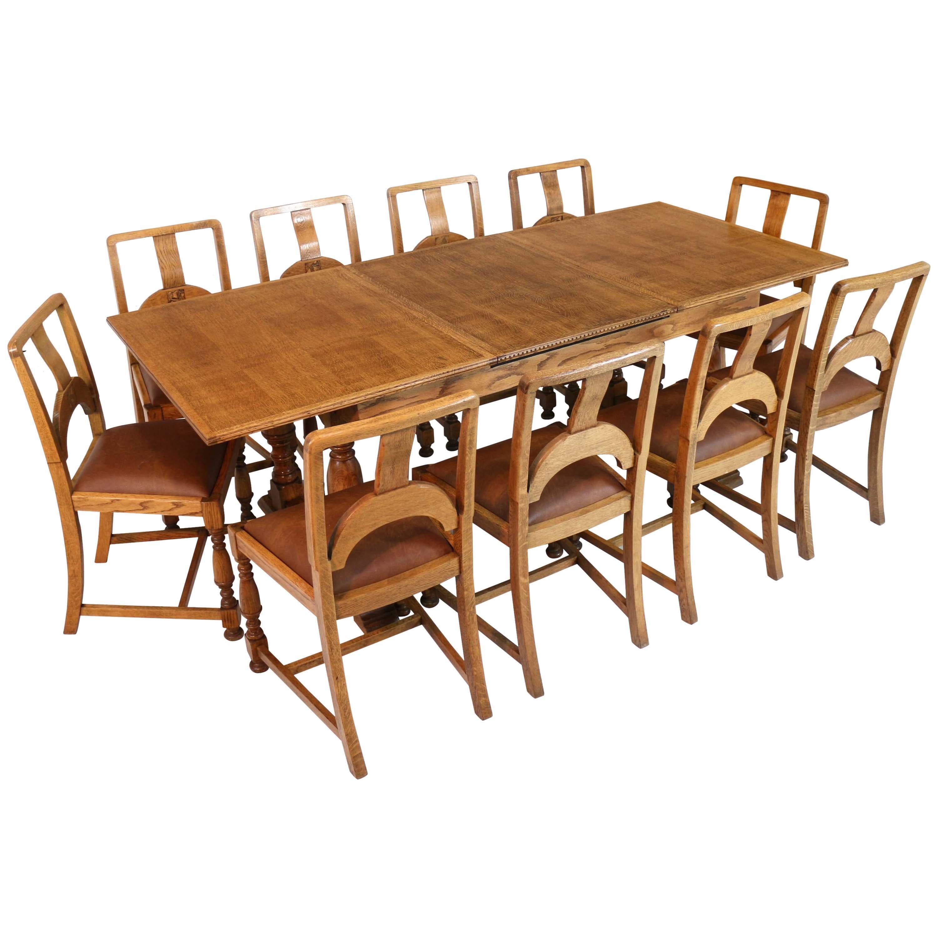 English Art Deco Oak 12 Piece Dining Suite of Table, Chairs & Sideboard