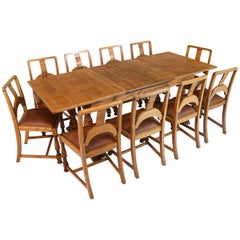 English Art Deco Oak 12 Piece Dining Suite of Table, Chairs & Sideboard