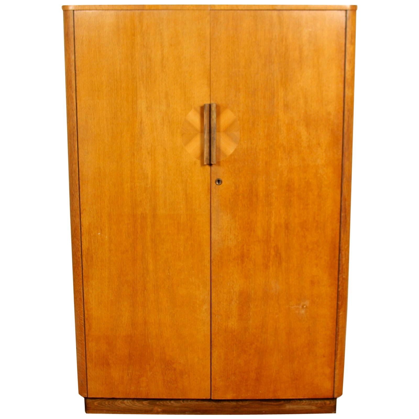 English Art Deco Oak Wardrobe Inlaid Armoire For Sale