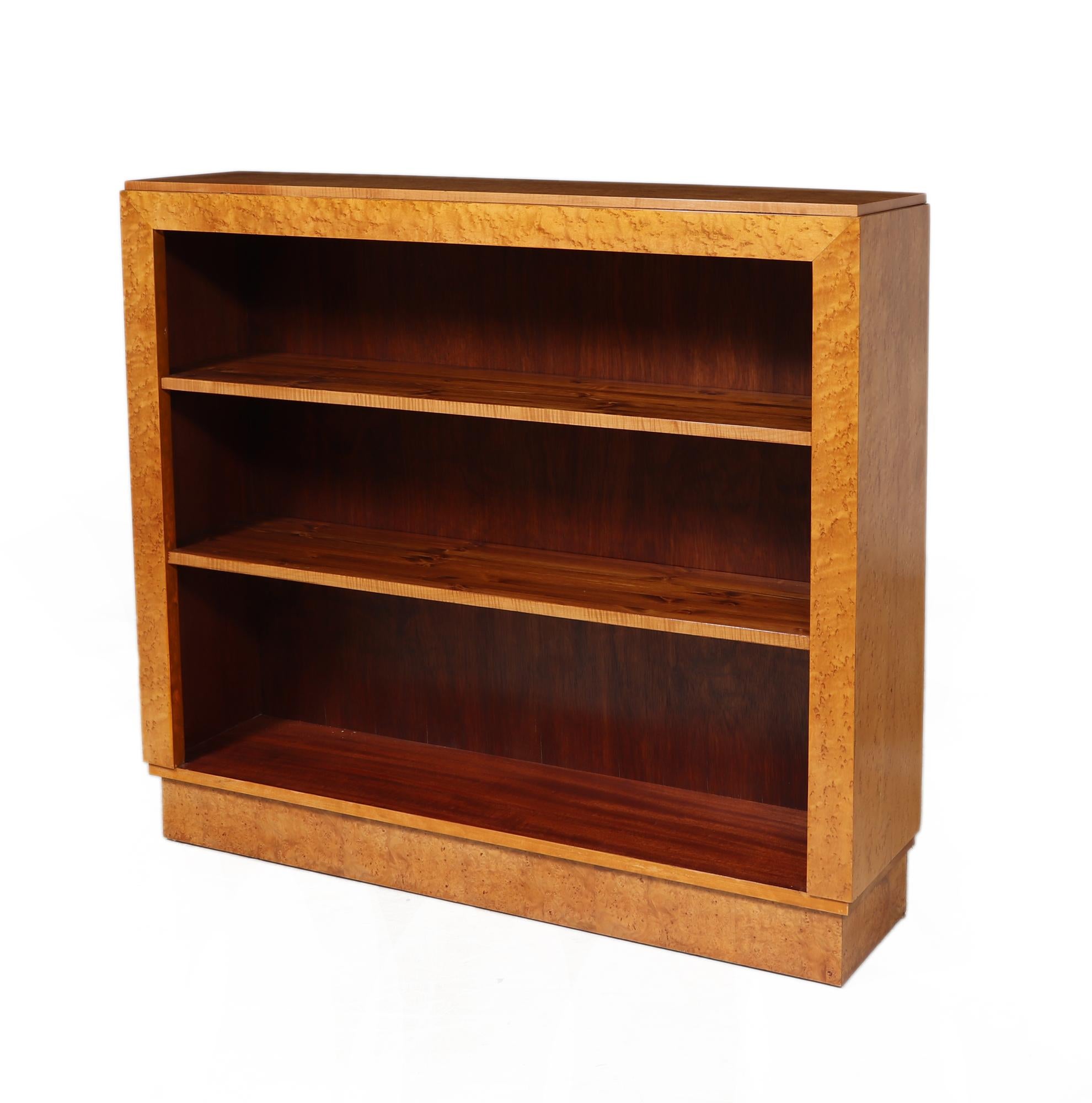European English Art Deco Open Bookcase in Birds Eye Maple