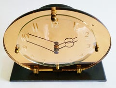 English Art Deco Peach Mirror, Concave Glass, Brass & Wood Mechanical Clock