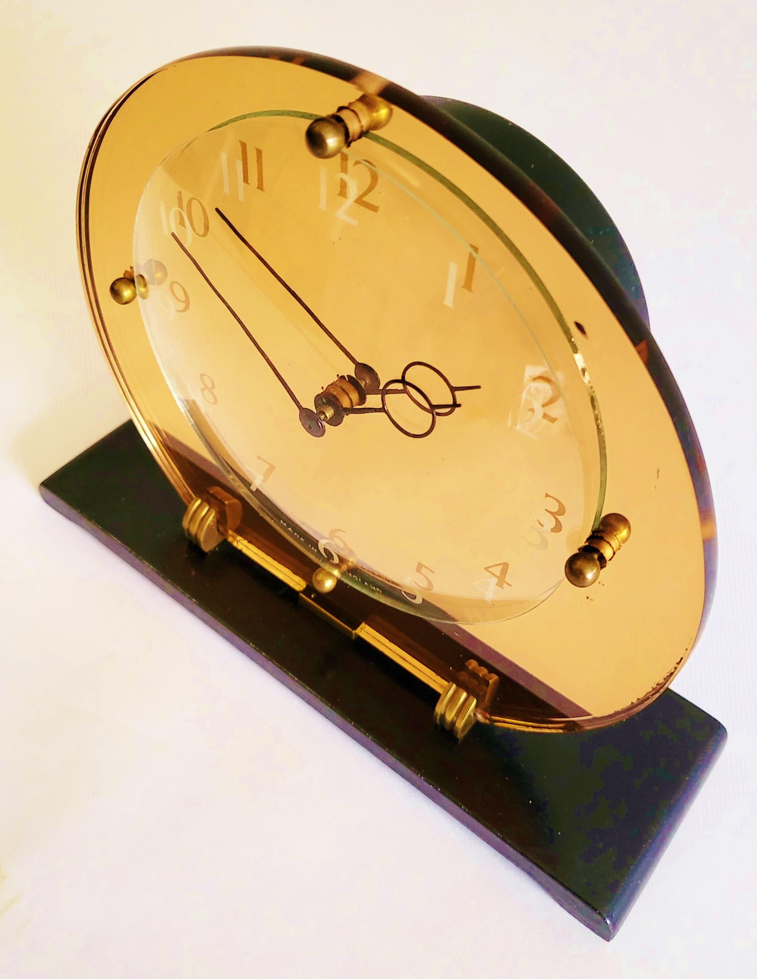 English Art Deco Peach Mirror, Concave Glass, Brass & Wood Mechanical Clock 1