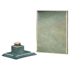 Antique English Art Deco Period Blue Shagreen Desk Set of a Folder and Inkwell