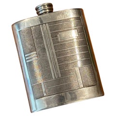 English Art Deco Pewter Flask with Geometric Pattern and Beefeater Mark