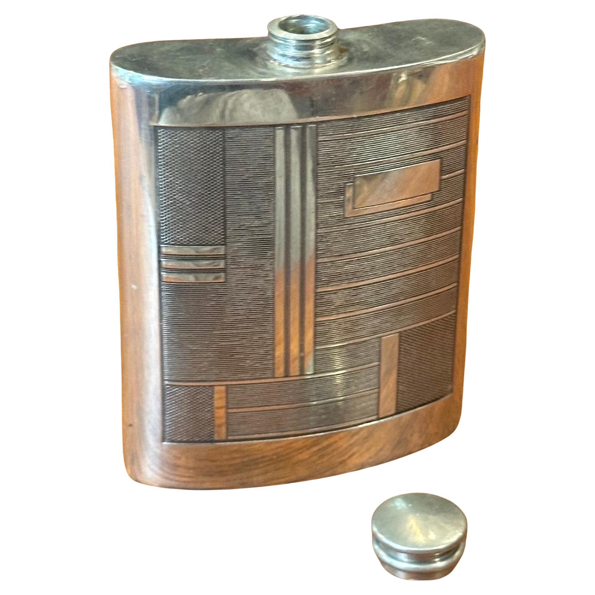 Engraved English Art Deco Pewter Flask with Geometric Pattern and Beefeater Mark For Sale