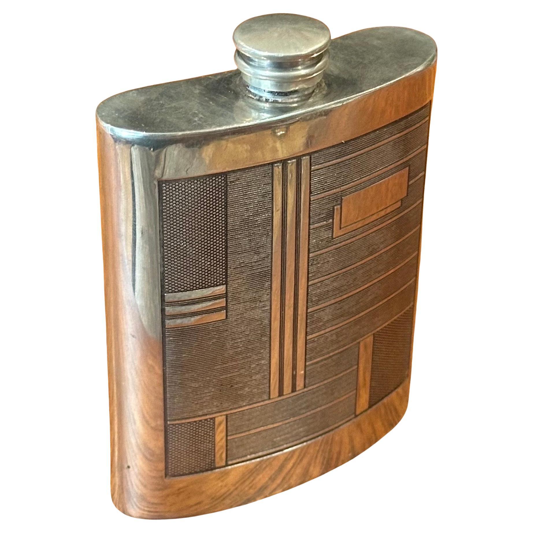 English Art Deco Pewter Flask with Geometric Pattern and Beefeater Mark For Sale