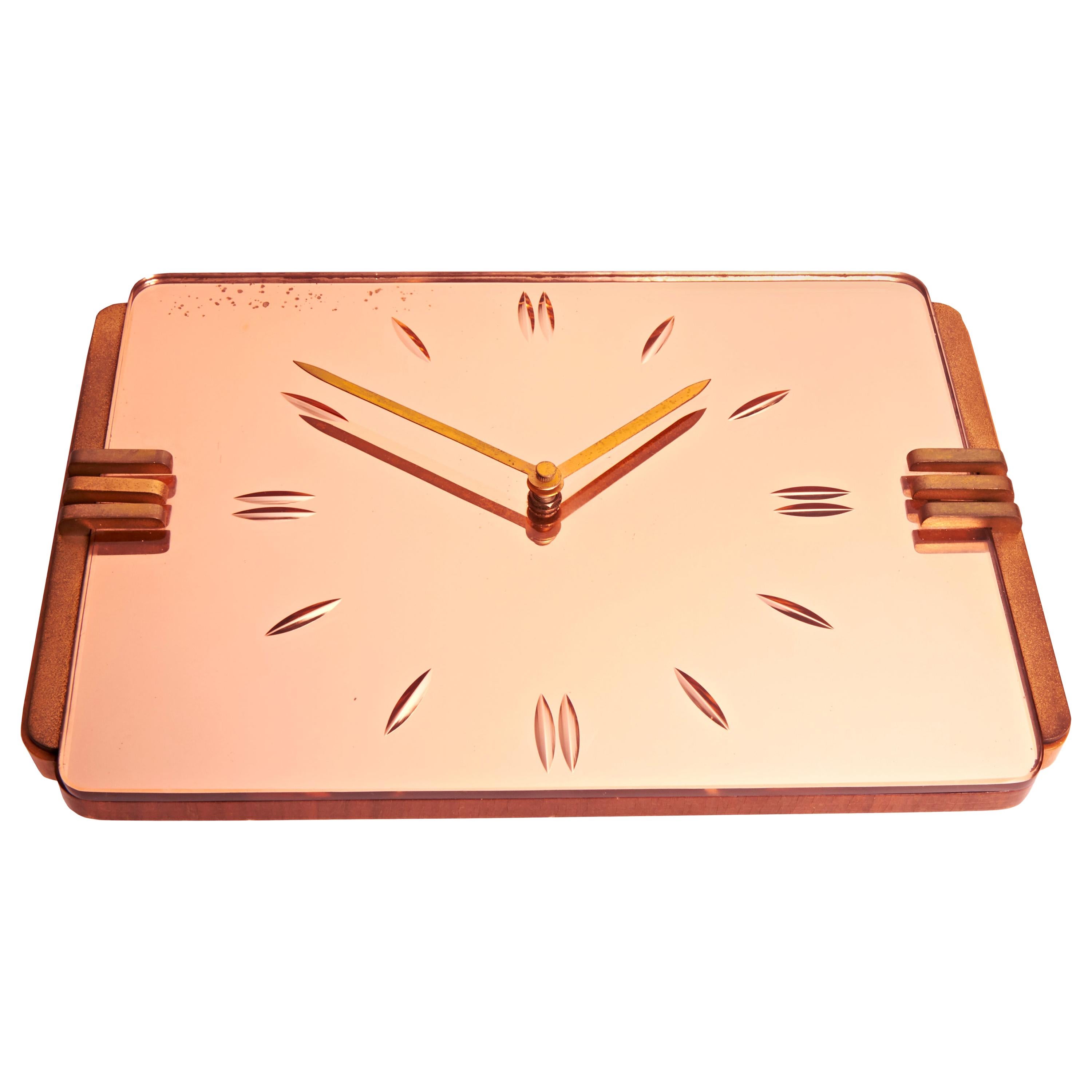 English Art Deco Reverse Etched Peach Mirror, Brass and Blonde Walnut Wall Clock