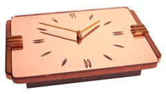English Art Deco Reverse Etched Peach Mirror, Brass and Blonde Walnut Wall Clock
